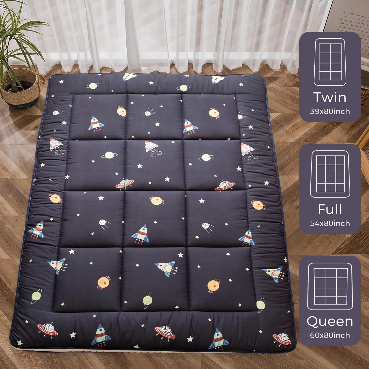 OUWI 6 Inch Extra Thick Japanese Futon Floor Mattress, Foldable Mattress Tatami Pad Mattress for Adults Floor Bed Roll Up Mattress Guest Mattress, Navy Space, Queen