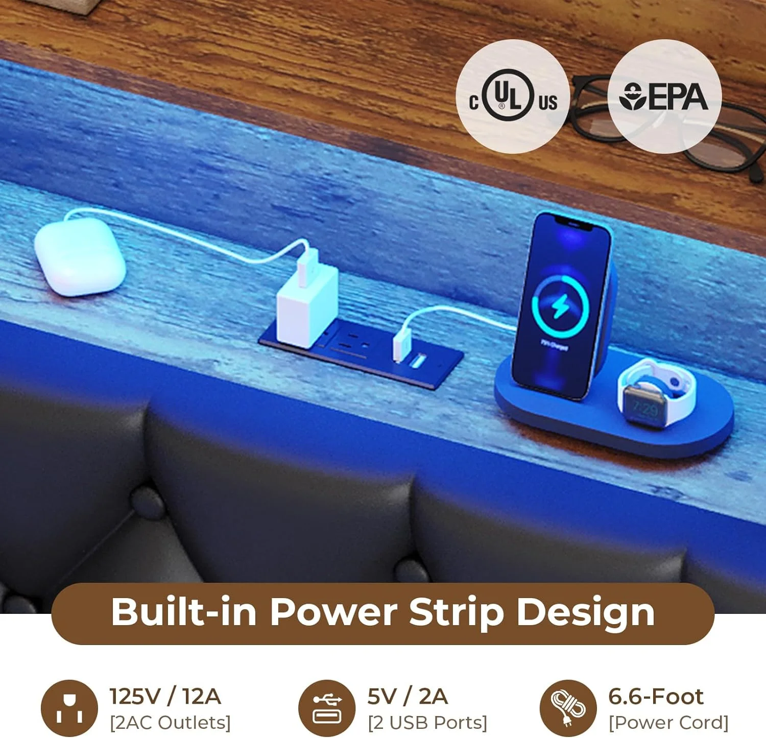 Floating Bed Frame King Size Faux Leather Upholstered Platform Bed Frame with Led Lights&Charging Station&Bookcase Headboard, Black