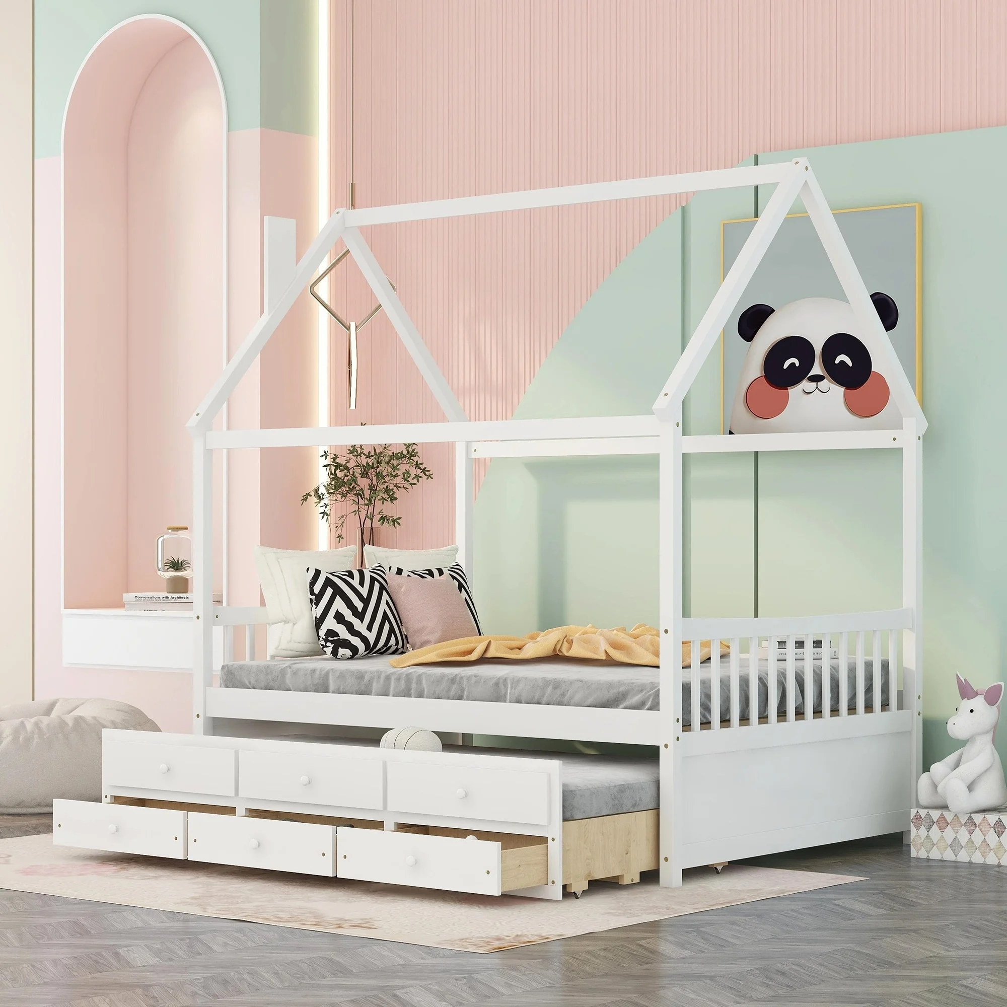 Nestfair Full size Wooden House Bed with Trundle and 3 Storage Drawers White