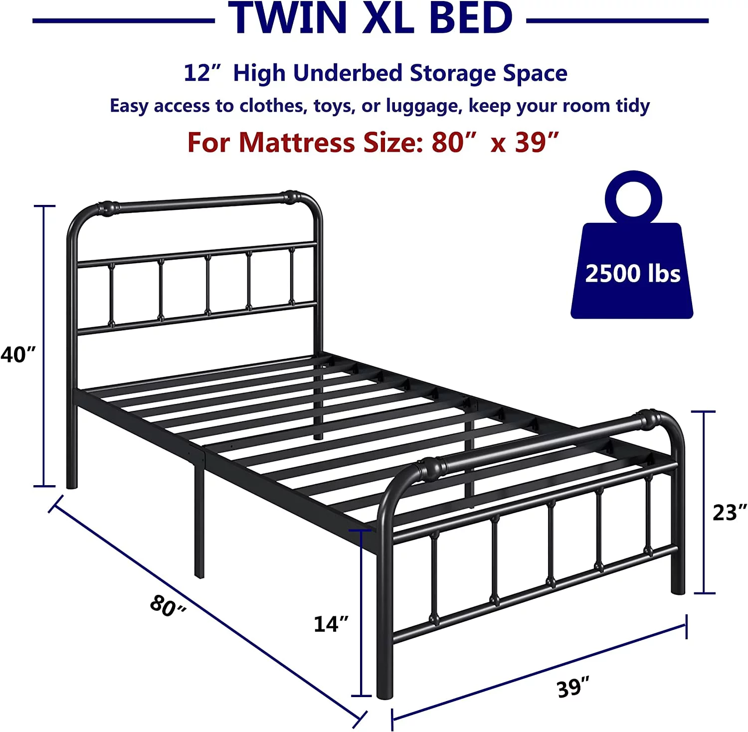 Twin-XL Bed-Frame with-Headboard & Footboard 14 inch Mattress-Foundation No Box Spring Needed  Victorian Vintage Style Bed Frame with Decoration Ball(Black)