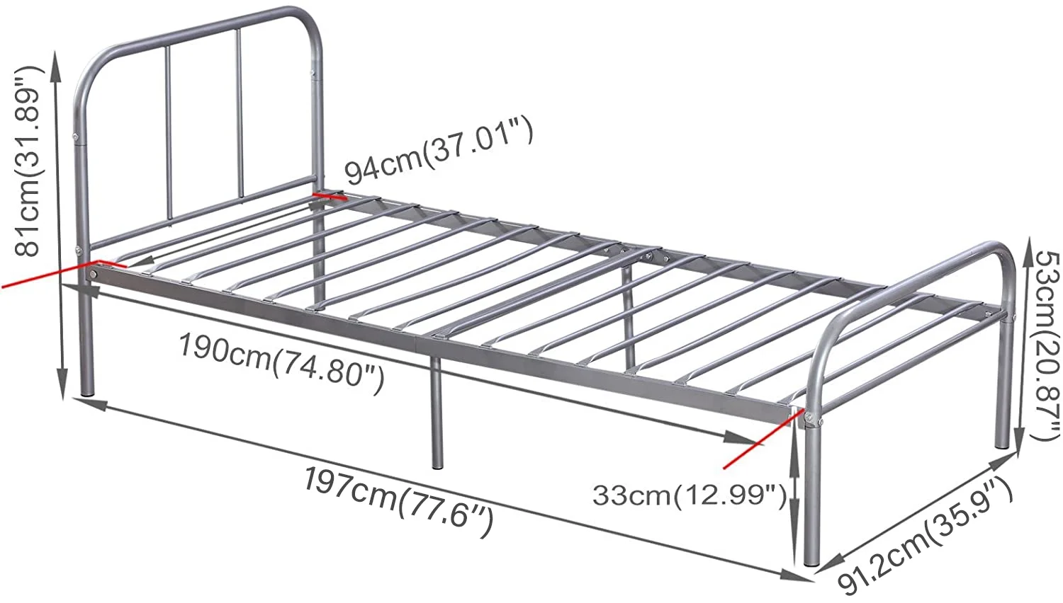 Voilamart Twin Metal Bed Frames with Headboard and Footboard, Single 6 Legs & 17 Slats Bed Frame Platform Mattress Foundation for Kids Adult, Silver