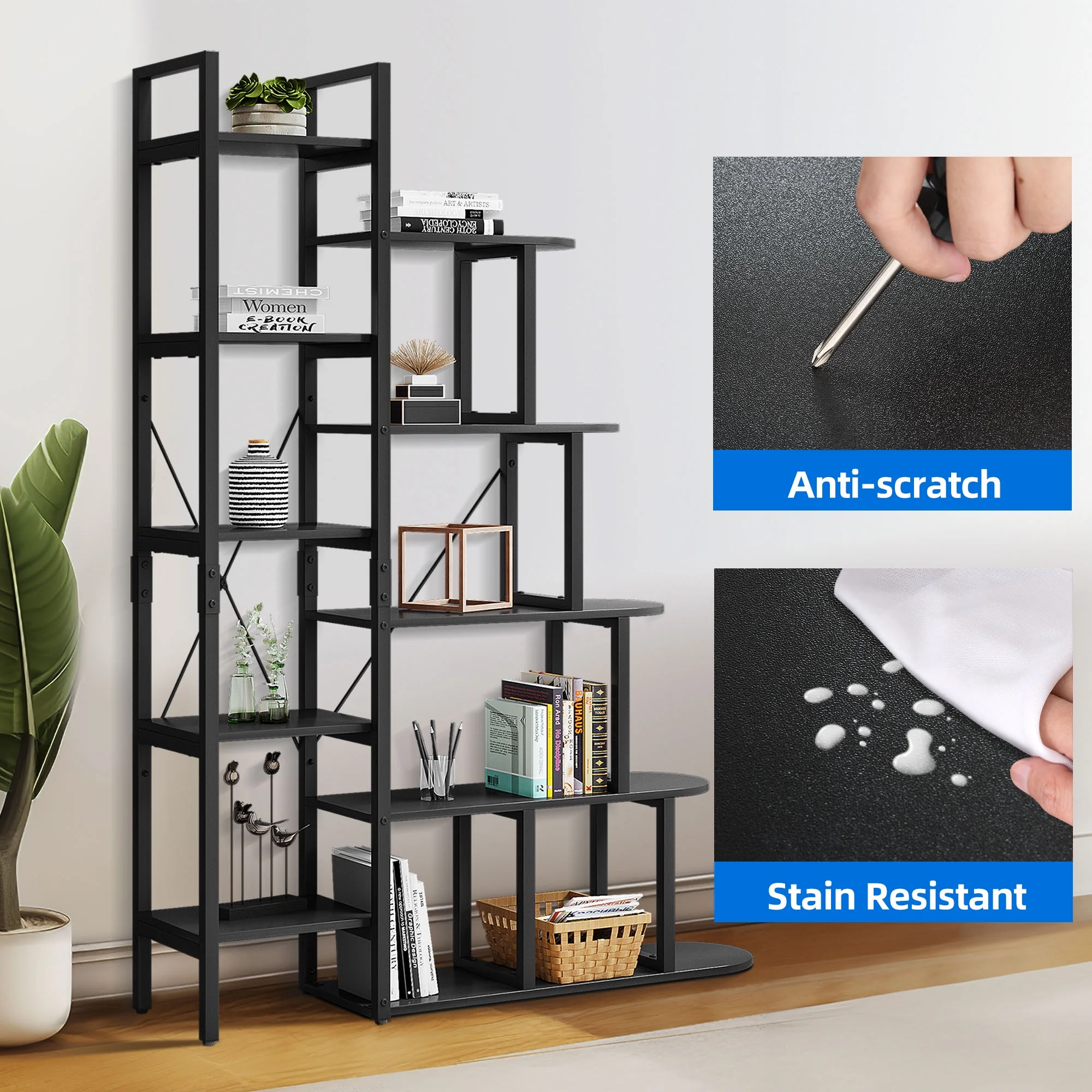 Dextrus 5 Tiers Bookshelf, L Shape 5 Storage Ladder Bookcase, Modern Minimalist Furniture Display Book Shelves for Living Room Bedroom Home Office, Black
