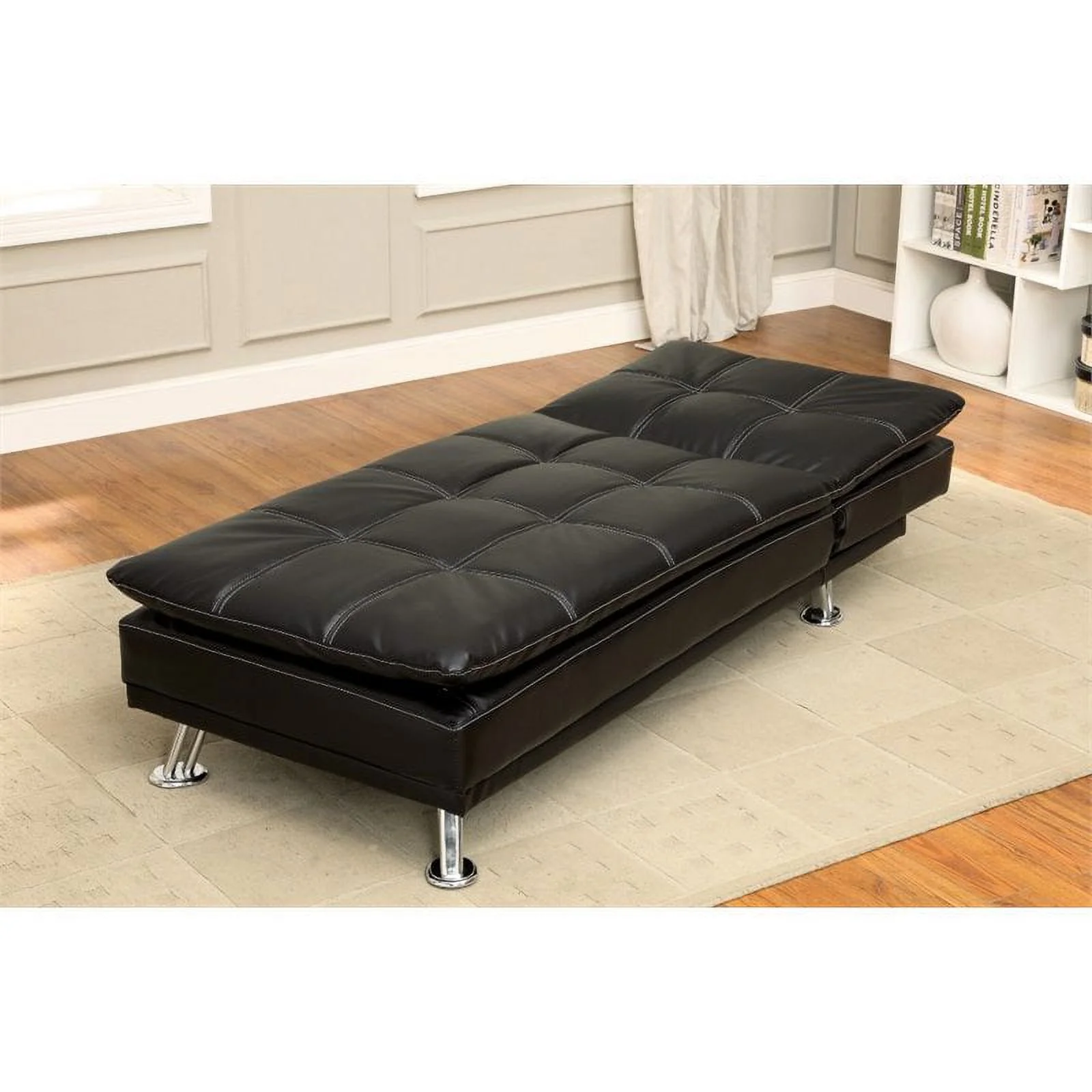 Furniture of America Halston Tufted Faux Leather Chaise Lounge in Black