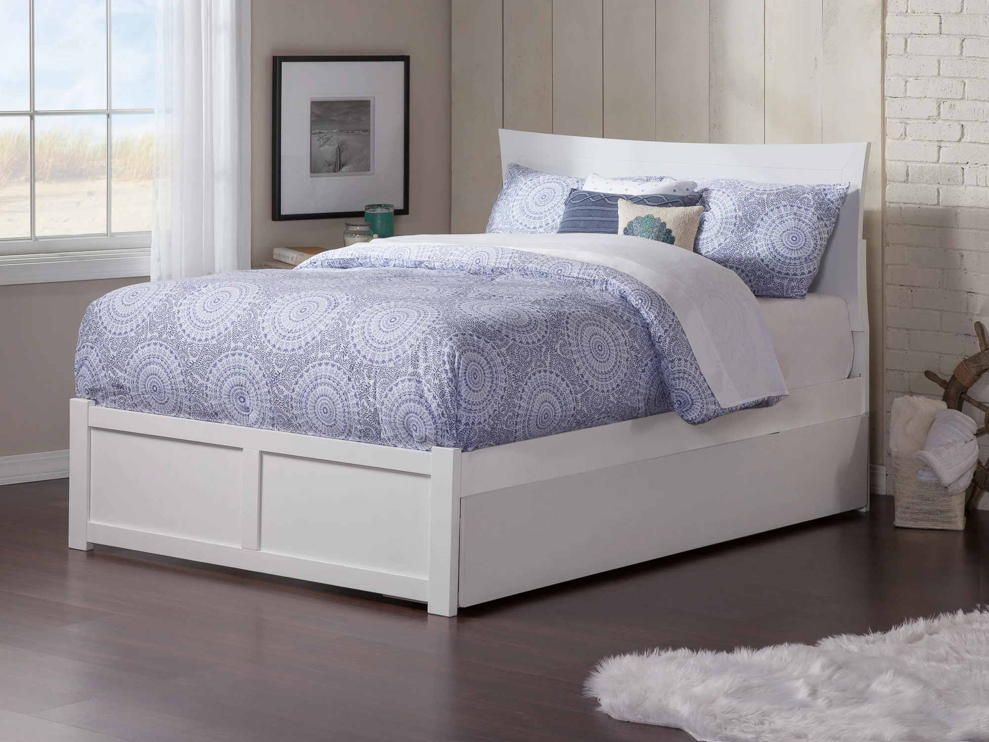 Metro Full Platform Bed with Flat Panel Foot Board and Full Size Urban Trundle Bed in White