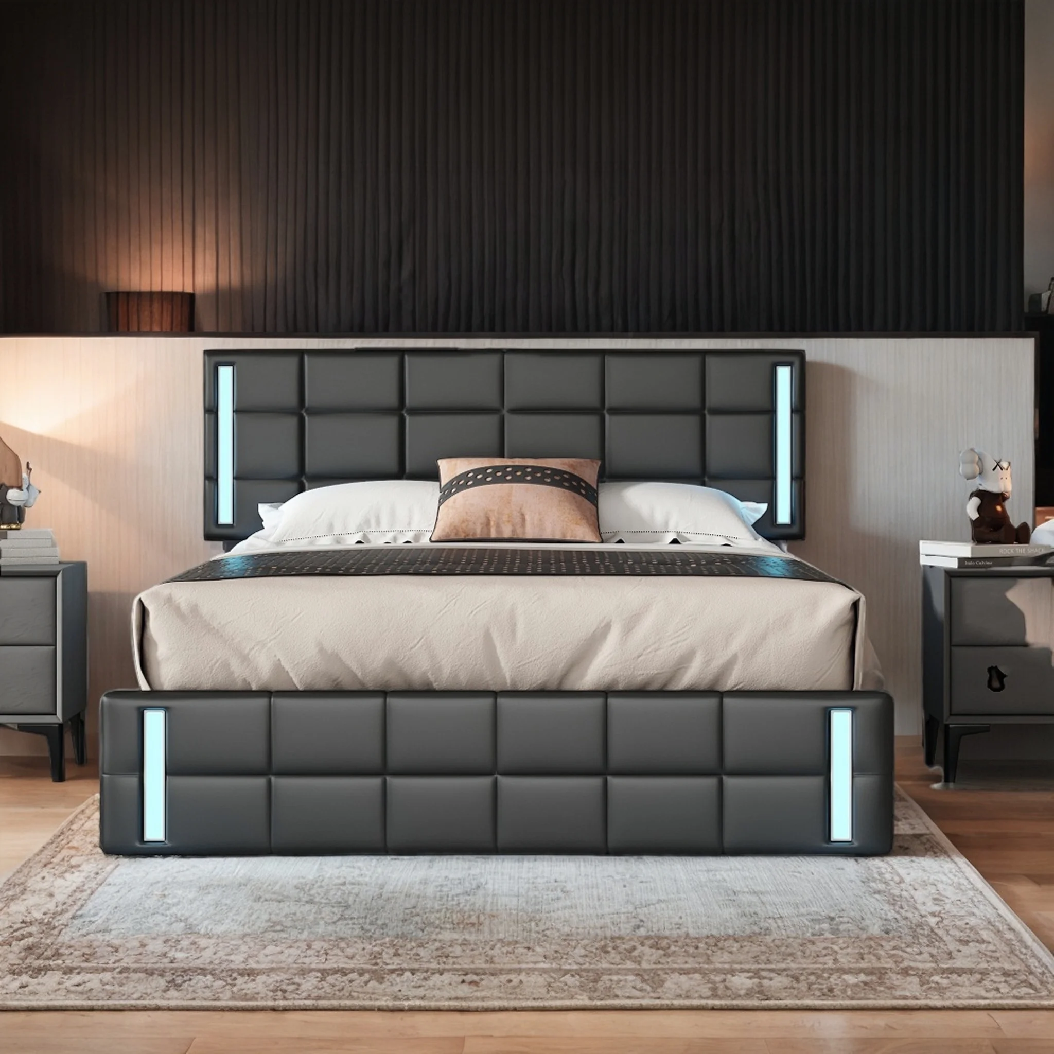 Queen Size LED Upholstered Platform Bed with USB Charging and 4 Drawers - Modern Stylish Design for a Comfortable Bedroom (Black)