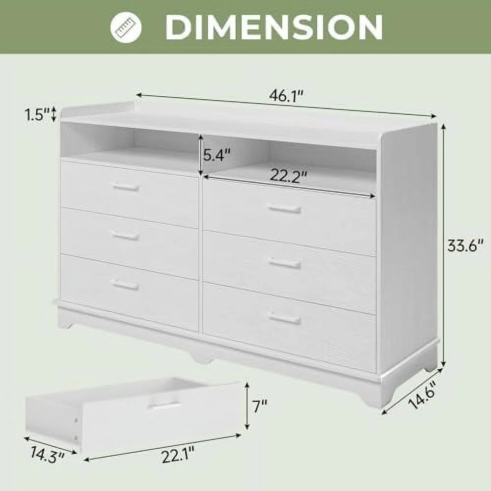 6 Drawers Dresser for Bedroom Chests of Drawers White Double Dresser with Drawers and Cubby 14.6" D x 46.1" W x 33.6" H
