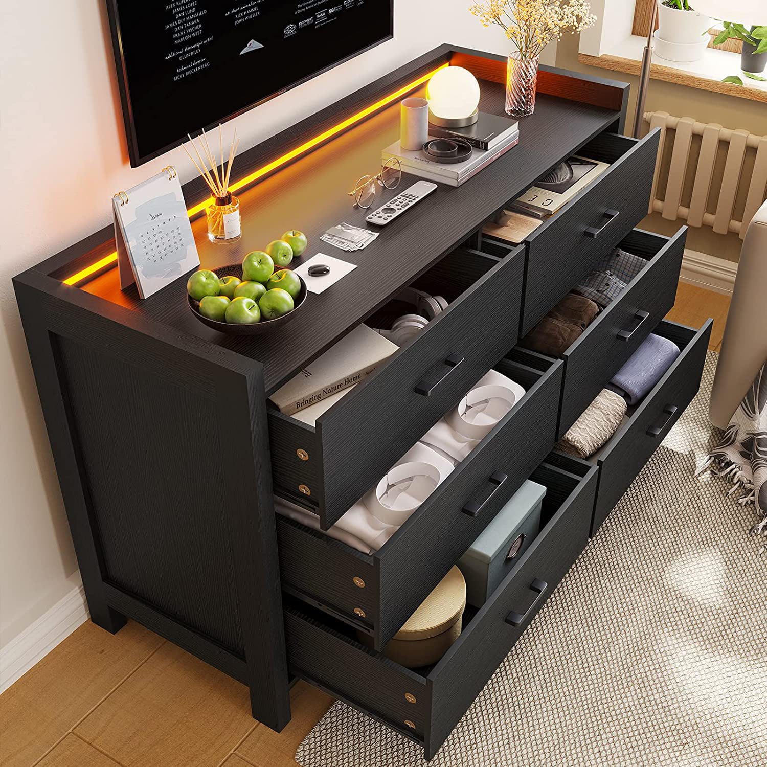 Black Dresser for Bedroom, 6 Drawer Double Dresser with LED Lights, Wood Chest of Drawers, Modern Storage Dresser for Bedroom