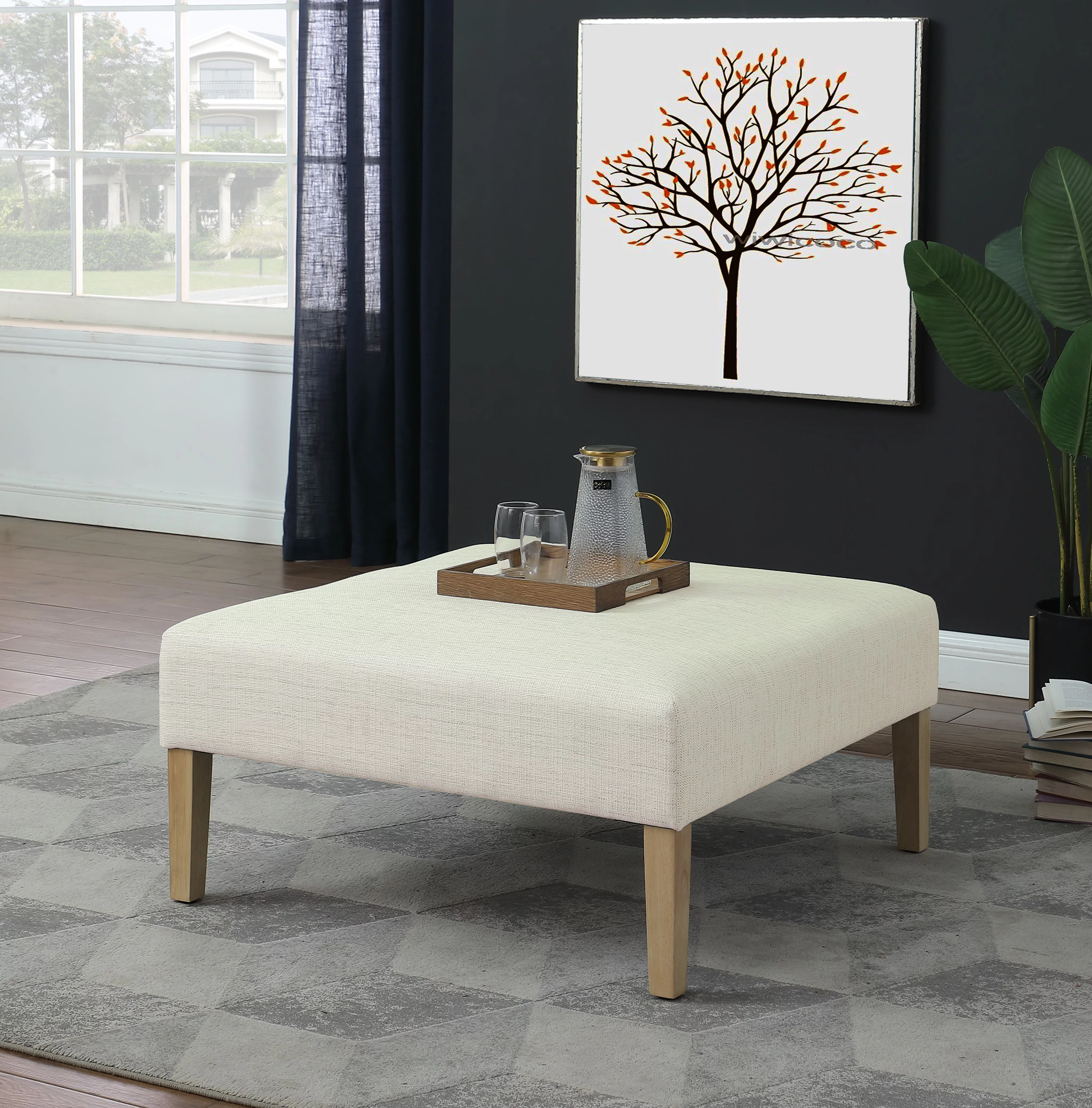 HomePop Square Coffee Table Ottoman – Stain-Resistant Cream Woven