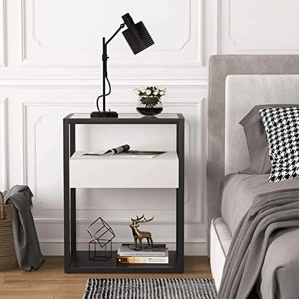 Nightstand Tall Side Table   Simple Style End Table with Drawer and Shelf  Tempered Glass Bedside Table  Metal Frame  19.6\u201DX15.7\u201DX27.5\u201D (1PC  Black and White)