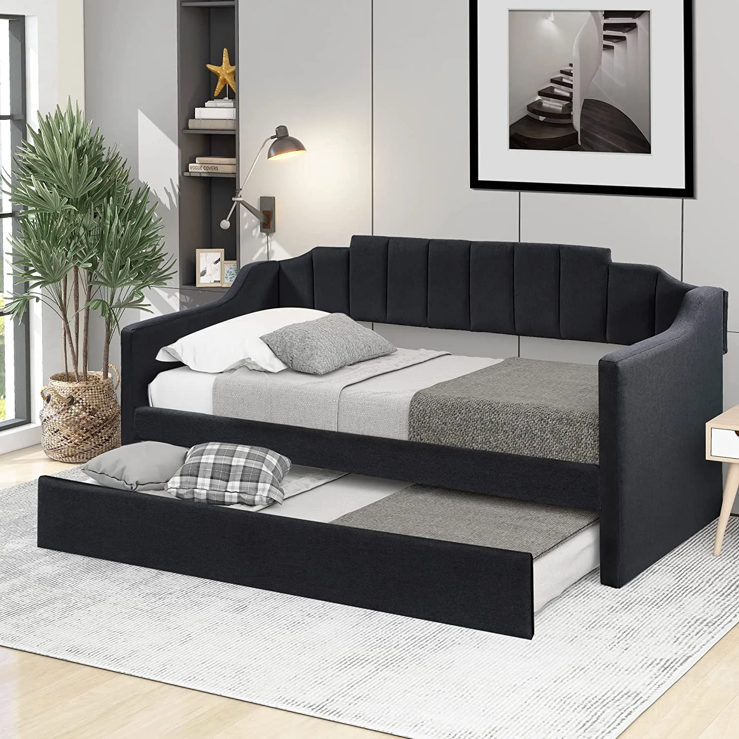 Daybed With Trundle, Upholstered Size Daybed Sofa Daybed Frame With Roll-Out Trundle, No Box Spring Needed, Furniture For Bedroom, Living Room, Guest Room, Black