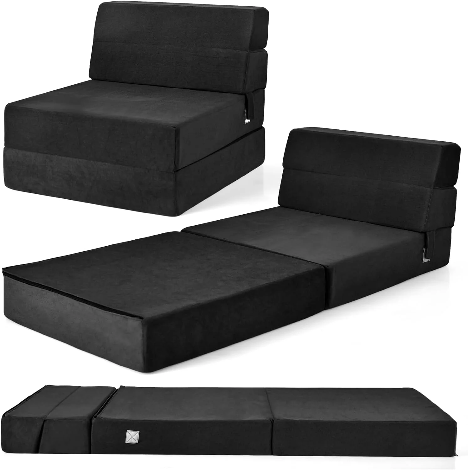 MMQ Folding Sofa Bed Chair - 3-in-1 Convertible Couch Sleeper, Floor Futon Couch w/Removable Cover & Full Padded Foam, Fabric Guest Sleeper Chair for Living Room, Study, Apartment (Black)