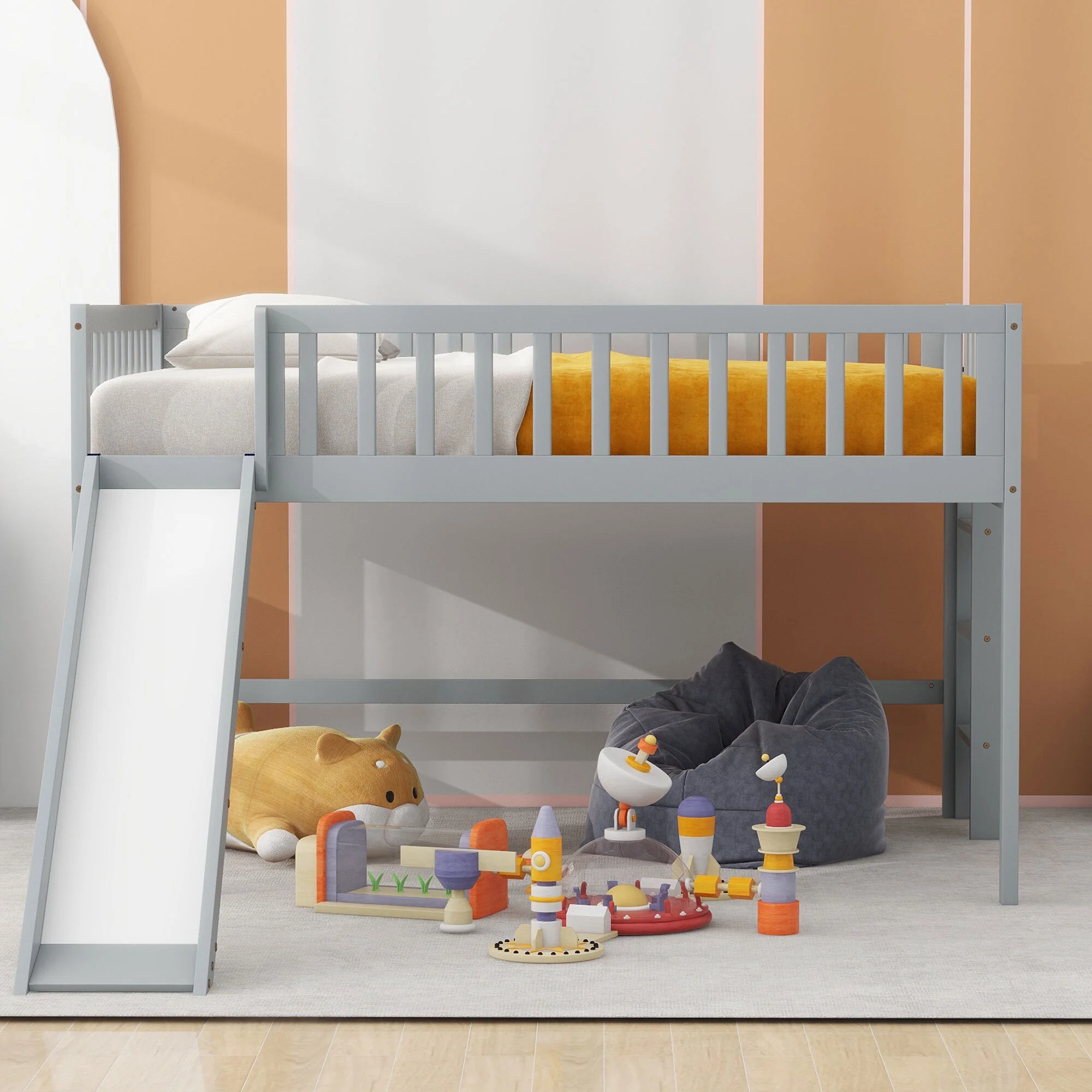 Euroco Wood Full Size Loft Bed, Low Profile Bed with Vertical Ladder and Slide, Gray