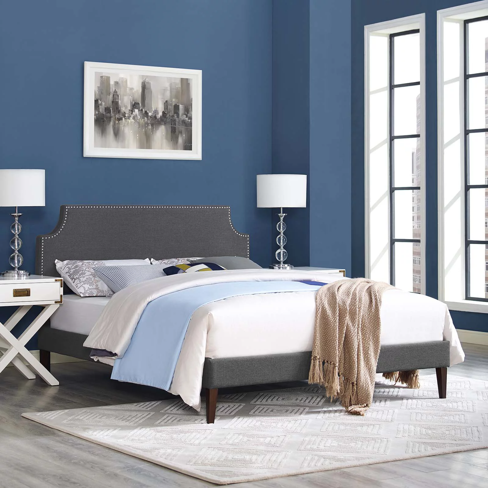 Modern Contemporary Urban Design Bedroom Full Size Platform Bed Frame, Fabric Copper Nail Rivet, Grey Gray