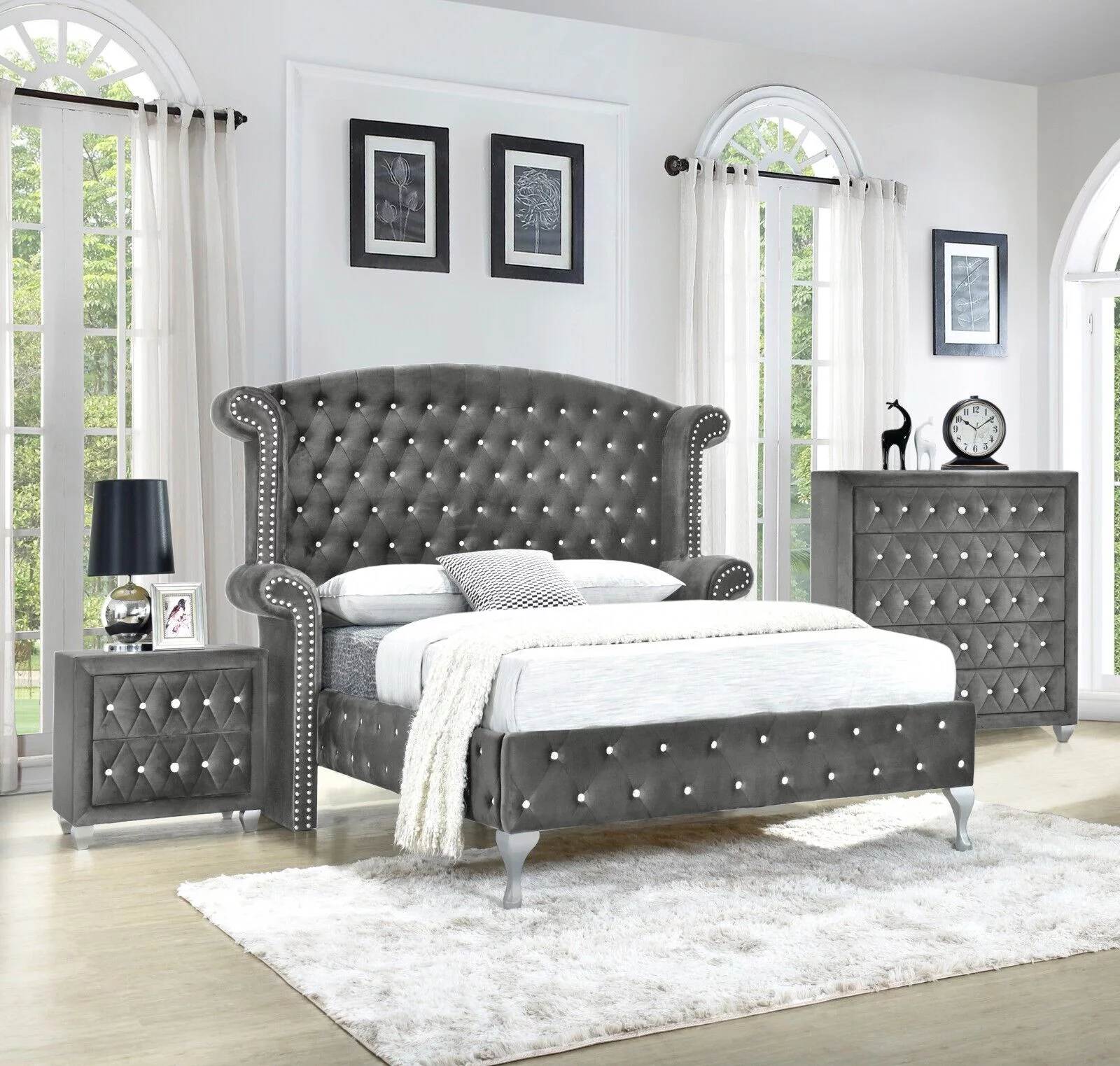 Modern 3Pc King Size Bed Chest Nightstand Set Master Bedroom Furniture Gray Velvet Upholstery
