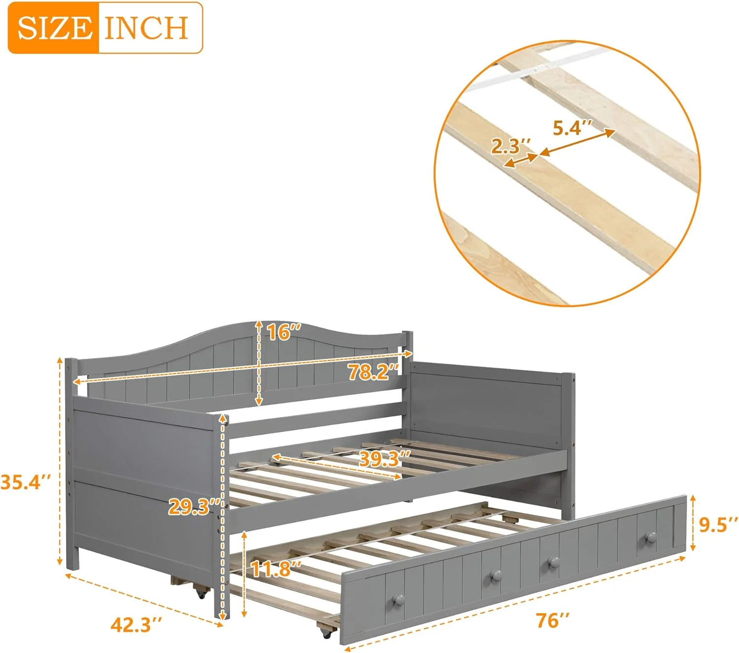 Daybed With Trundle Bed, Wood Bed Sofa Bed Frame For Bedroom, Guest Room, Living Room (, Grey)