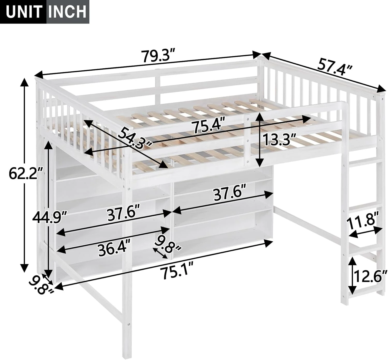 Full Size Loft Bed With Storage Shelves, Full Loft Bed With Built-In Bookcase, Wood Loft Bed Frame With Ladder For Dorm, Kids Boys Girls Teens, White