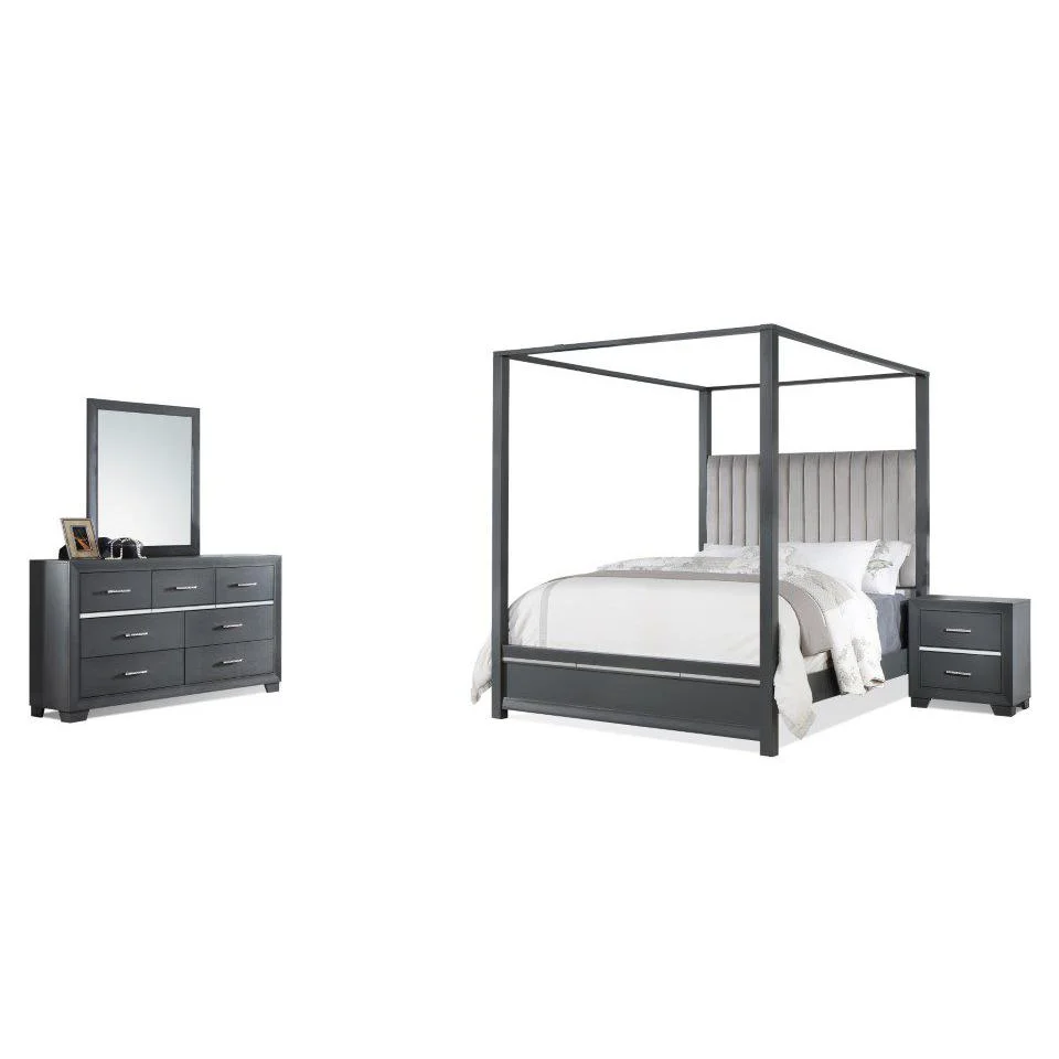 Pendry Studio Abrie Tall Canopy Velvet Channeled 4pc Queen Bedroom Set
