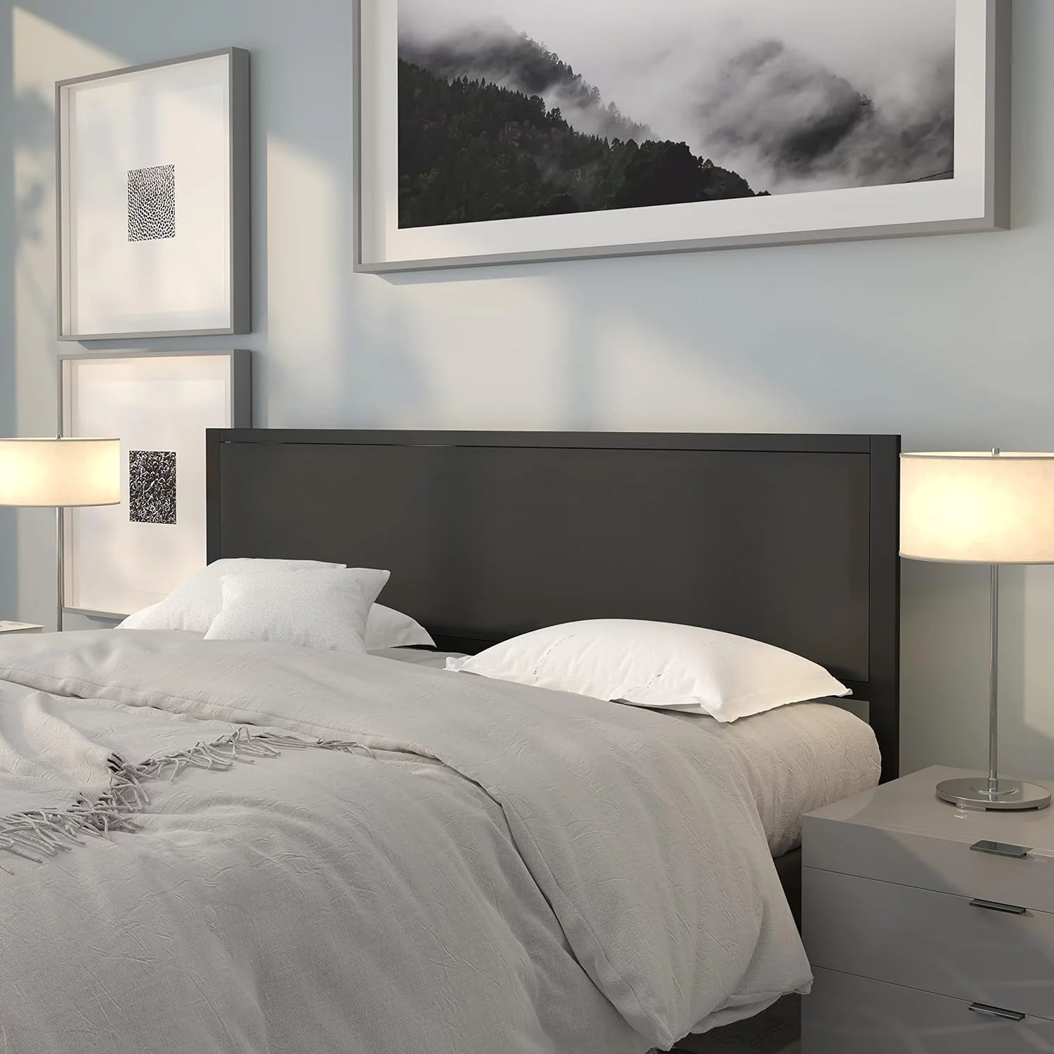 king size upholstered metal panel headboard in black fabric