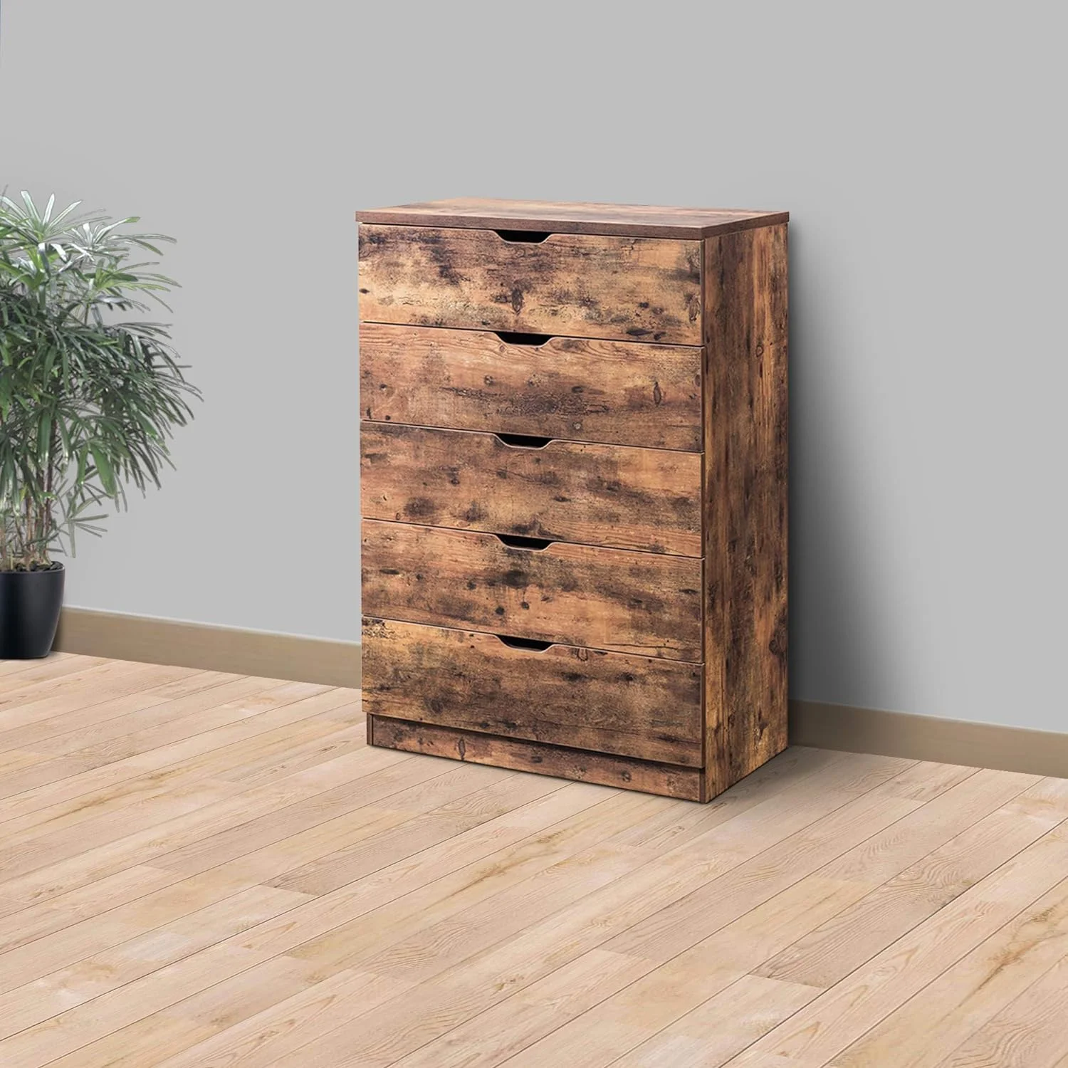 Commodious Five Drawers Wooden Utility Chest With Metal Glides, Brown