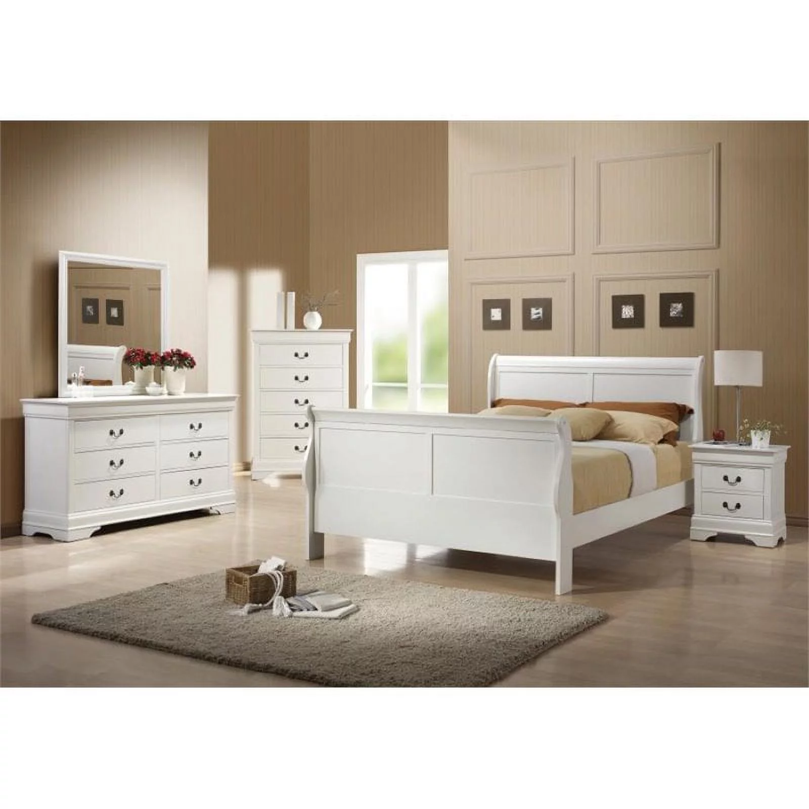Pemberly Row Contemporary 5-Piece Wood Full Sleigh Bedroom Set in White