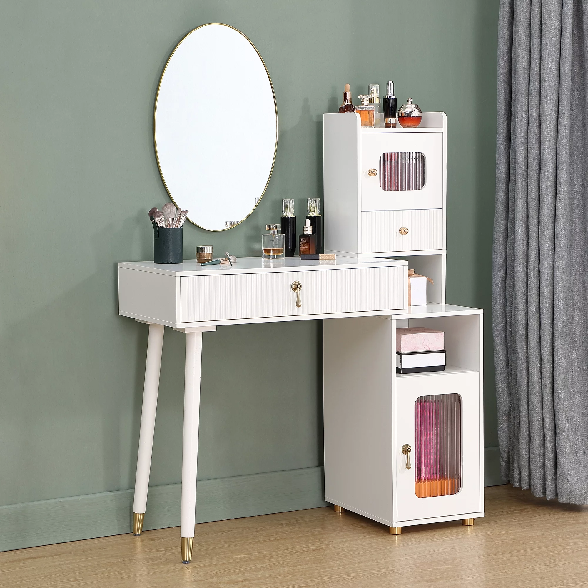 HOLISUN White Makeup Vanity Desk with Drawers, Modern Dressing Table with Storage Cabinet for Bedroom (Without Mirror),Length Adjustable
