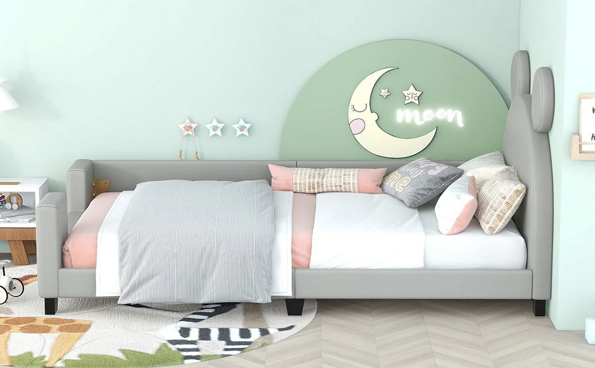 Dcenta Twin Size Upholstered Daybed with Carton Ears Shaped Headboard, Grey