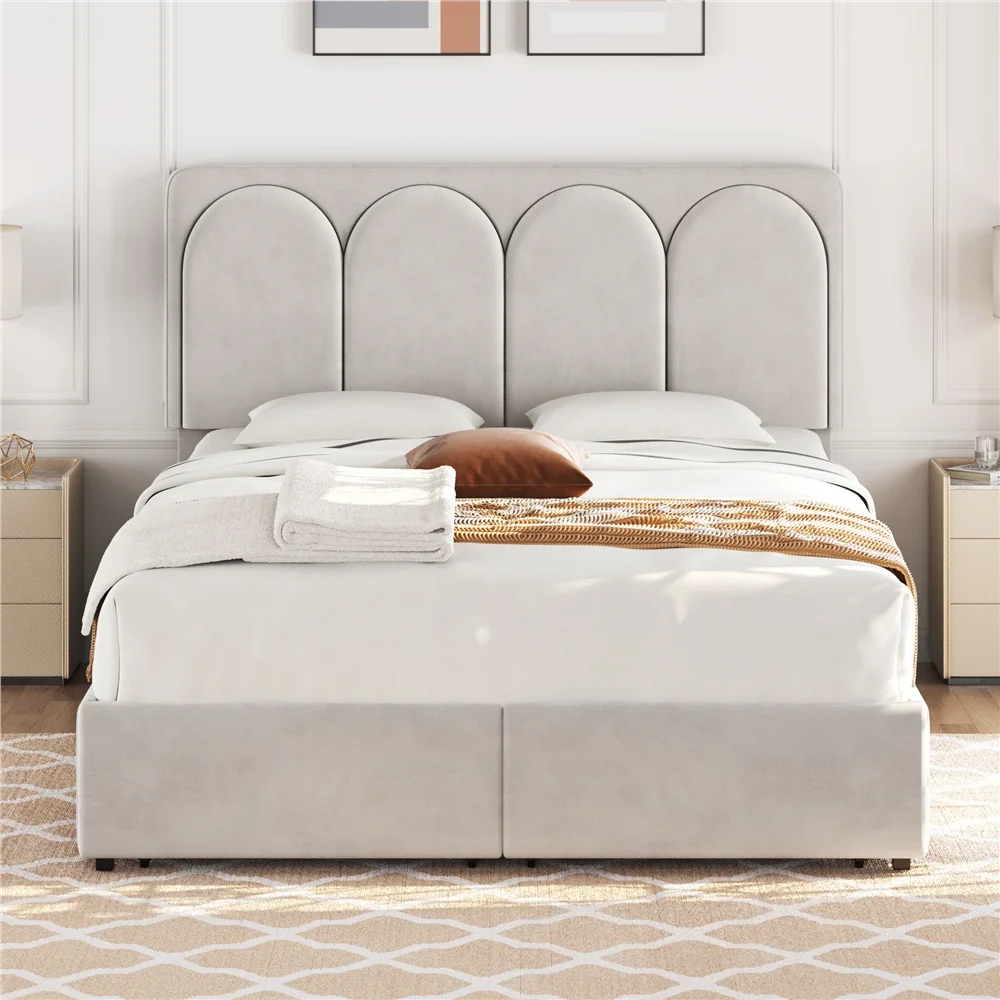 Yaheetech Upholstered Bed Frame with Adjustable Headboard and 4 Drawers Storage,Queen,Beige