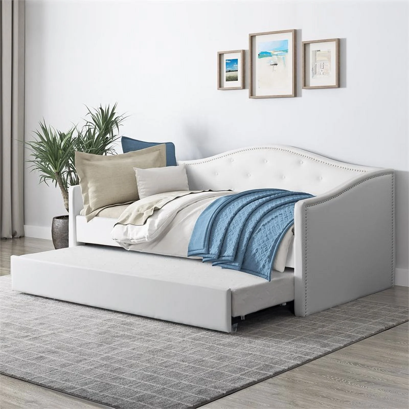 Pemberly Row Contemporary Faux Leather Tufted Day Bed with Trundle in White
