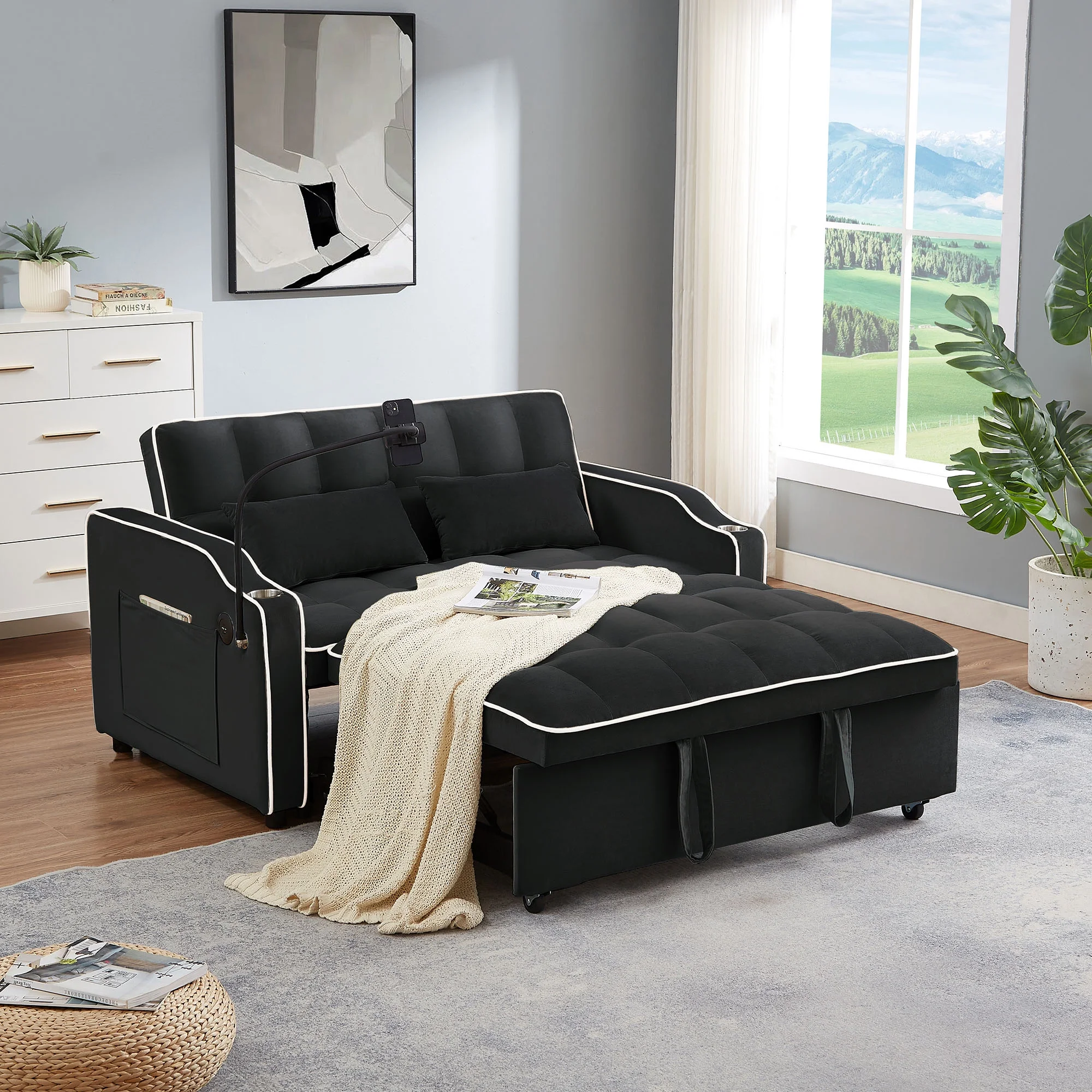 FuLife Oversized Sleeper Sofa Chair Bed,Convertible Futon Loveseat Couch 3-in-1,Adjustable Pullout Chaise Lounge Recliner Sofá Cozy Linen Love Seat with Cup Holders,Pillows and Side Pockets