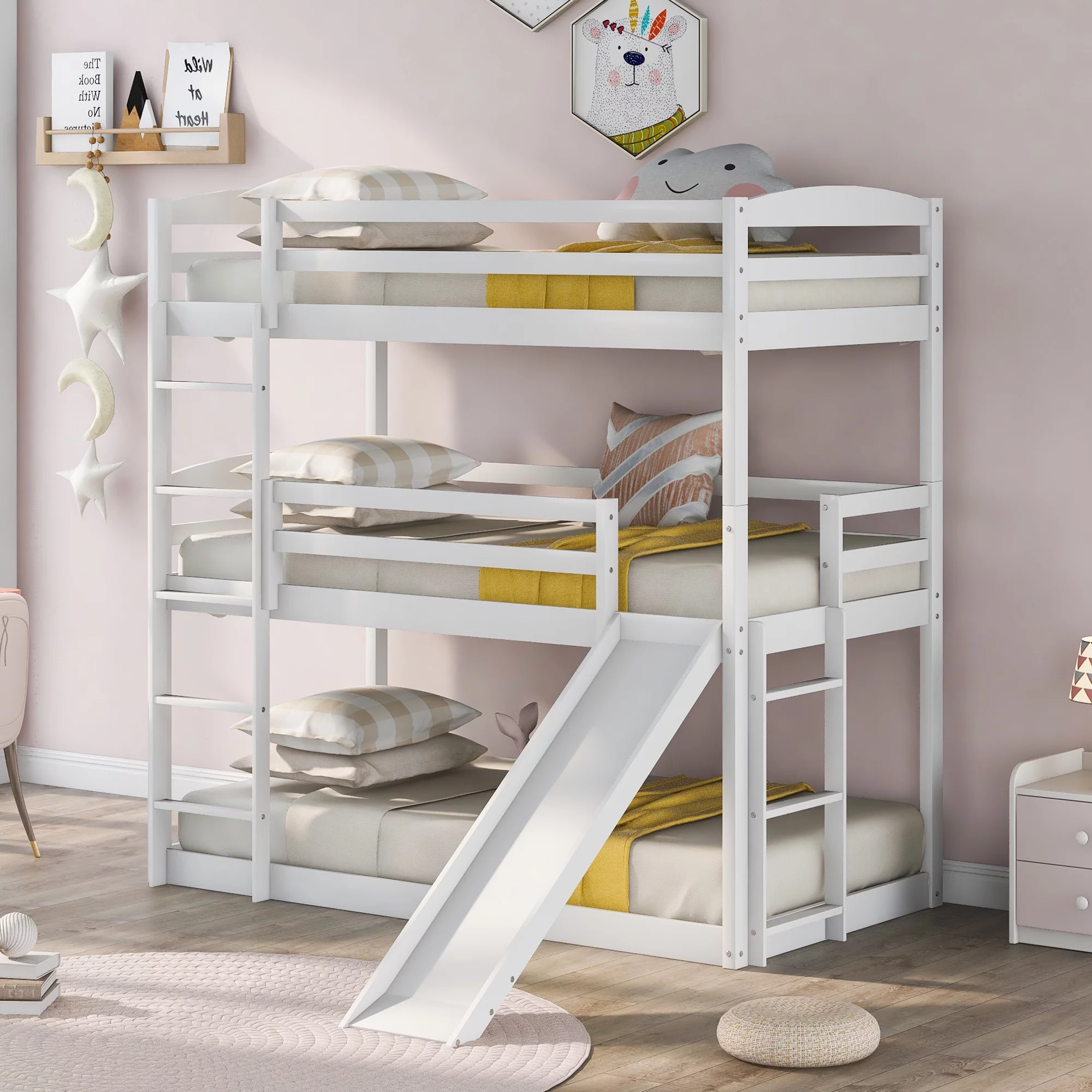 Euroco Wood Triple Bunk Bed with Ladder and Slide for Kids Room, White