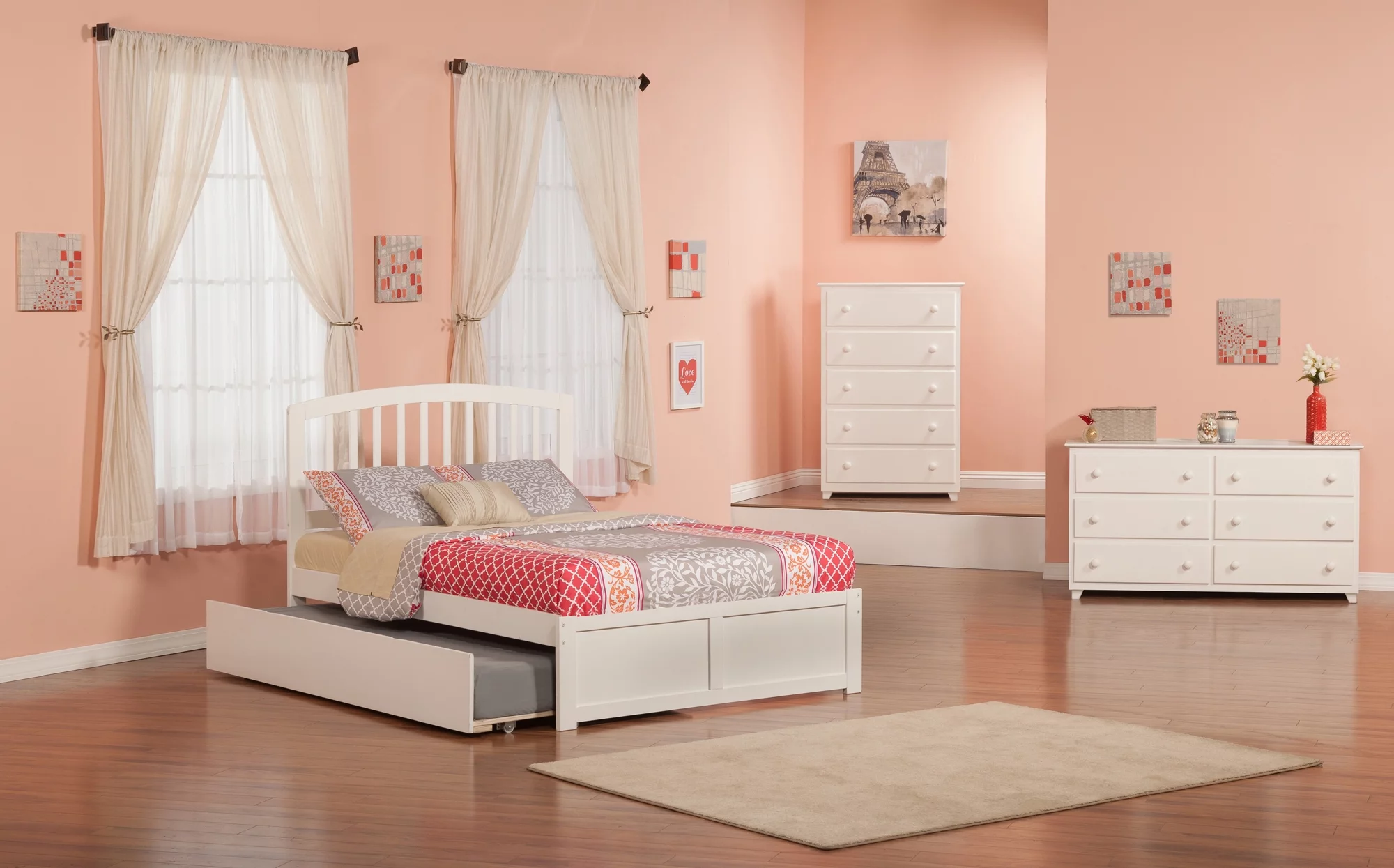 Richmond Full Platform Bed with Flat Panel Foot Board and Full Size Urban Trundle Bed in White