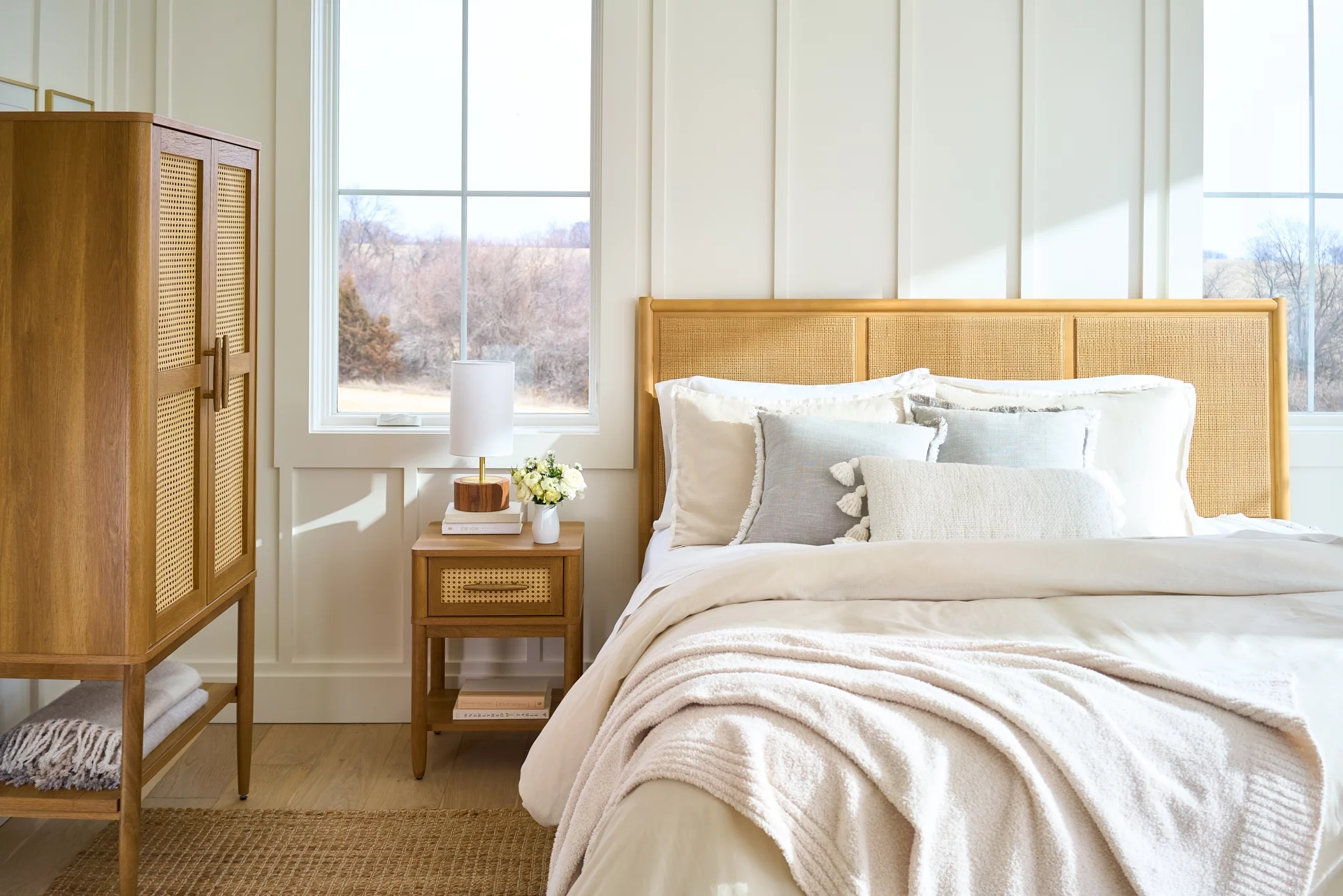 Better Homes & Gardens Springwood Caning Storage Cabinet, Light Honey Finish