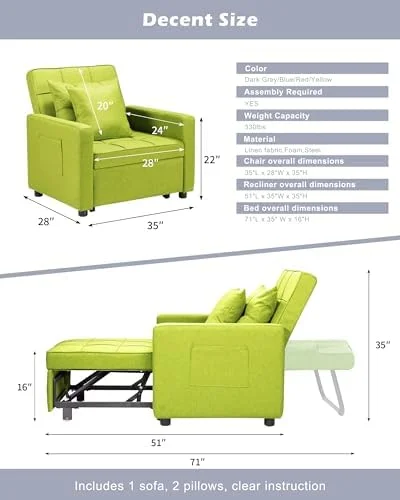 GEROBOOM Convertible Sleeper Sofa Chair Bed  3 in 1 Pull Out Sofa Bed Couch Sleeper with Pillow and Pocket  Adjustable Futon Chair Recliner Bed for Living Room Apartment Small Space (Gree