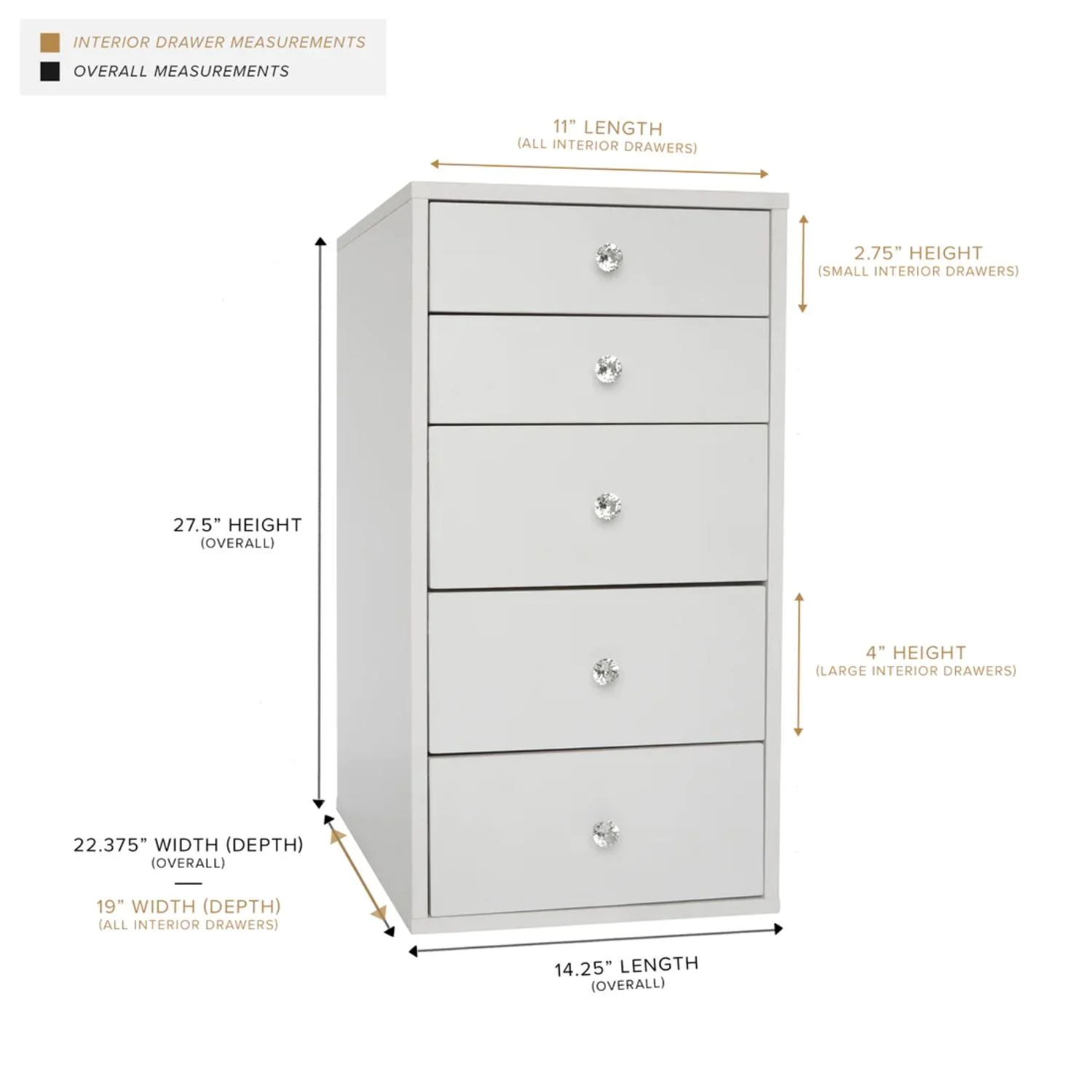 Impressions Vanity SlayStation 5 Drawer Storage Organizer, Narrow Chest of Drawers for Bedroom Decor, Vanity Desk Side Makeup Drawer Unit with Crystal Lux Knobs (Silver)