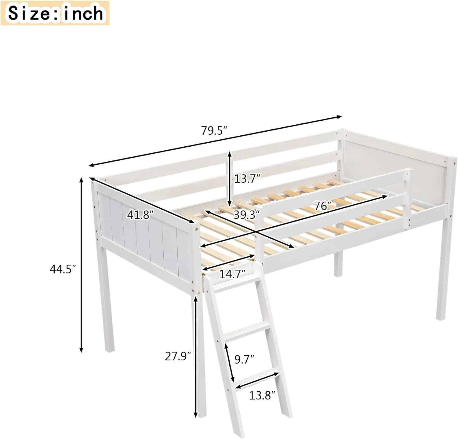 Twin Size Wood Low Loft Bed with Ladder, Solid Wood Loft Bed Frame with Guardrails for Children Girls Boys Teens, Ladder Can be Placed on The Left or Right