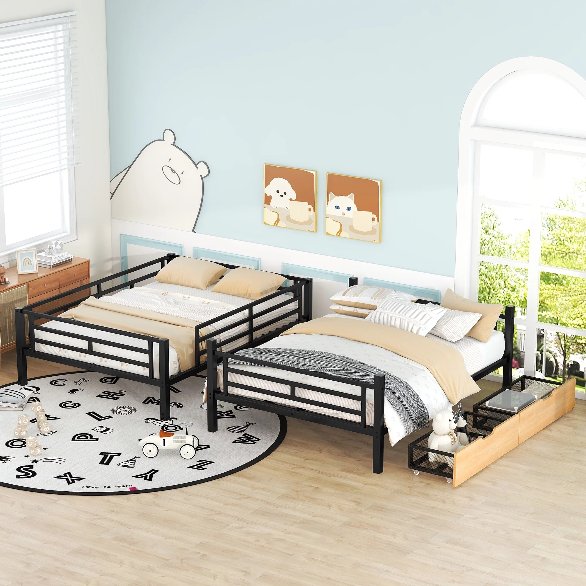 Nestfair Black Full Size Metal Convertible Bunk Bed with 2 Drawers