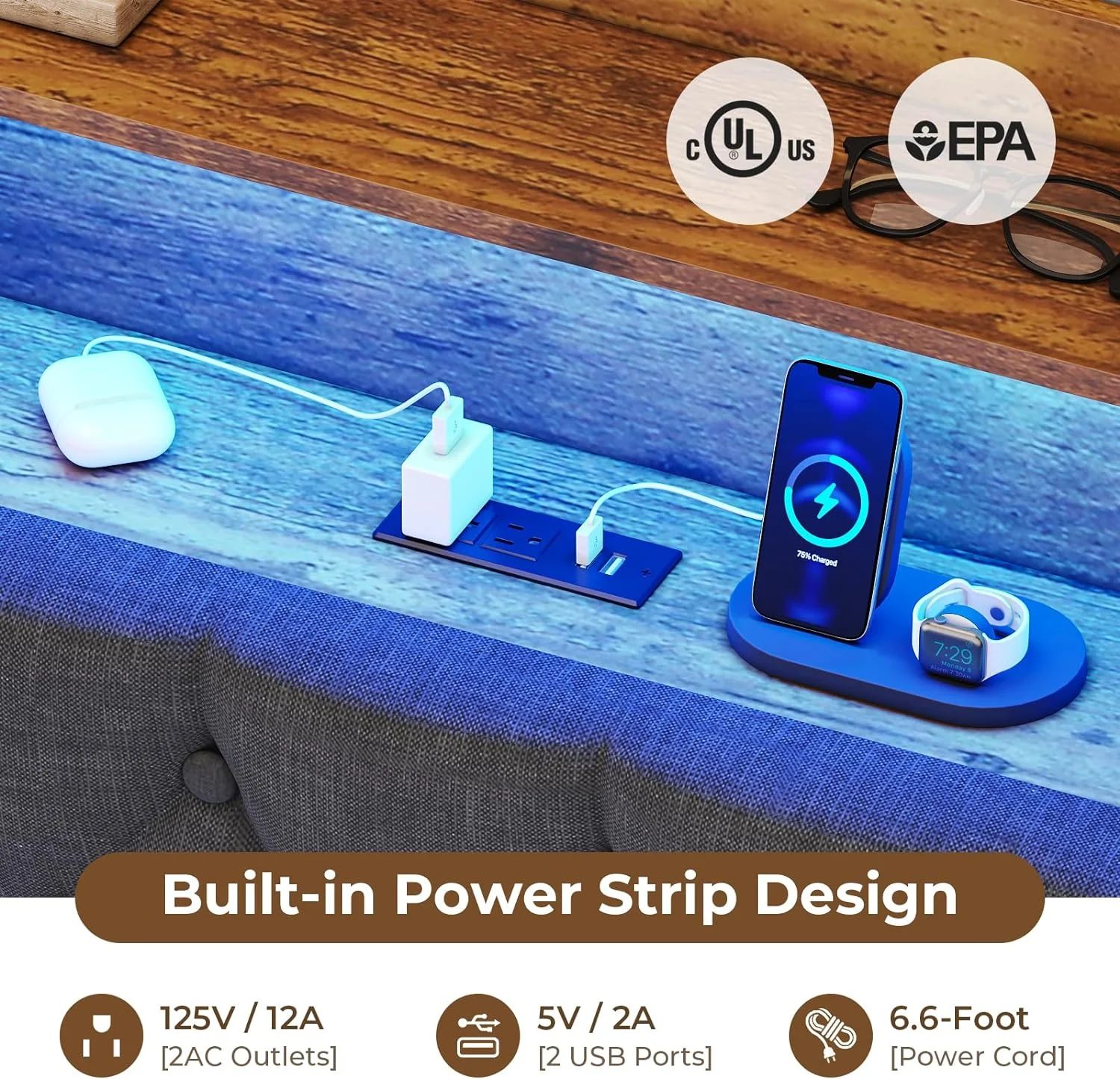 Floating Bed Frame King Size Linen Fabric Upholstered Platform Bed Frame with Led Lights&Charging Station&Bookcase Headboard, Dark Gray