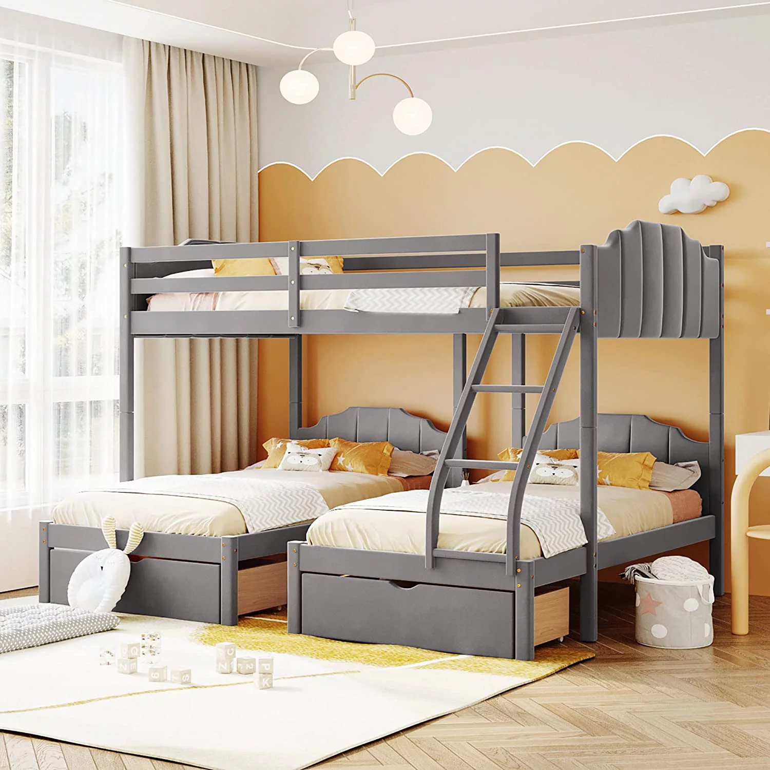 Wooden Bunk Bed with Headboard and Ladder, Full Over Twin & Twin Size Velvet Triple Bunk Bed with Drawers and Full-Length Guradrail for Bedroom (Grey)