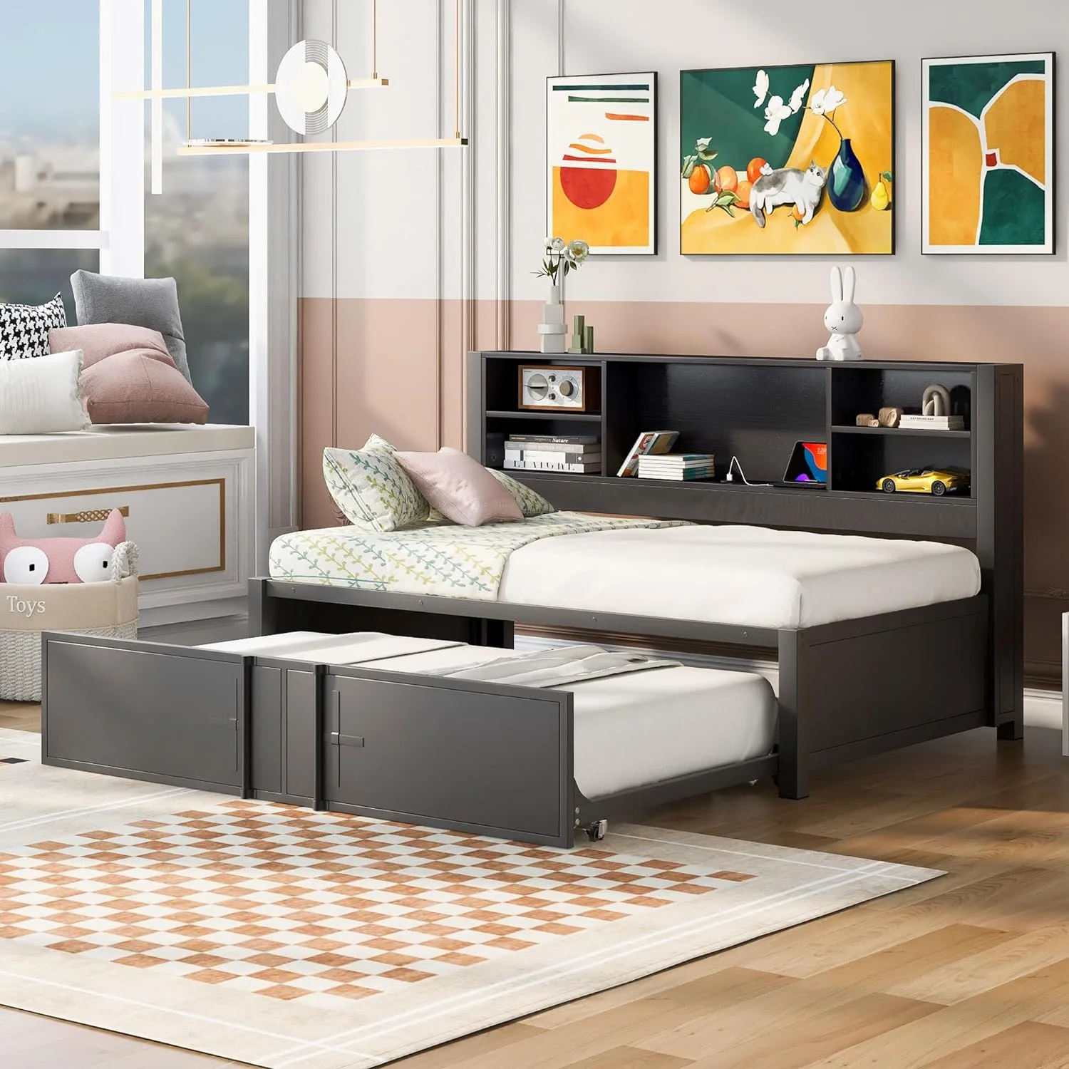 Size Daybed With Trundle And USB Ports, Bed With Bookcase, Metal Daybed With Storage Shelves And Metal Slats, Bookcase Daybed With Trundle, Black