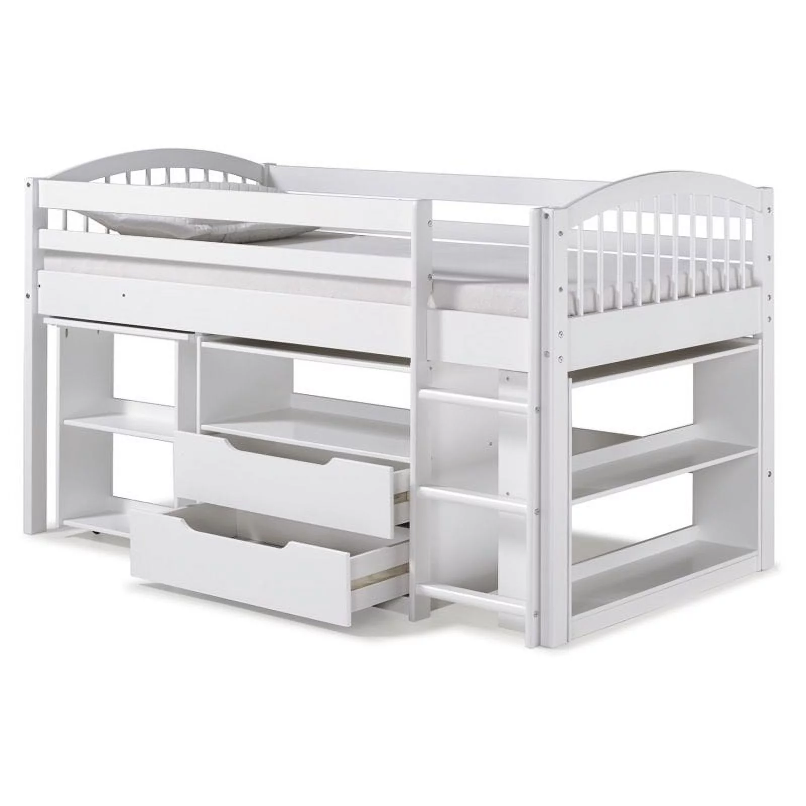 Addison Wood Junior Loft Bed with Storage Drawers, Bookshelf, and Desk, White