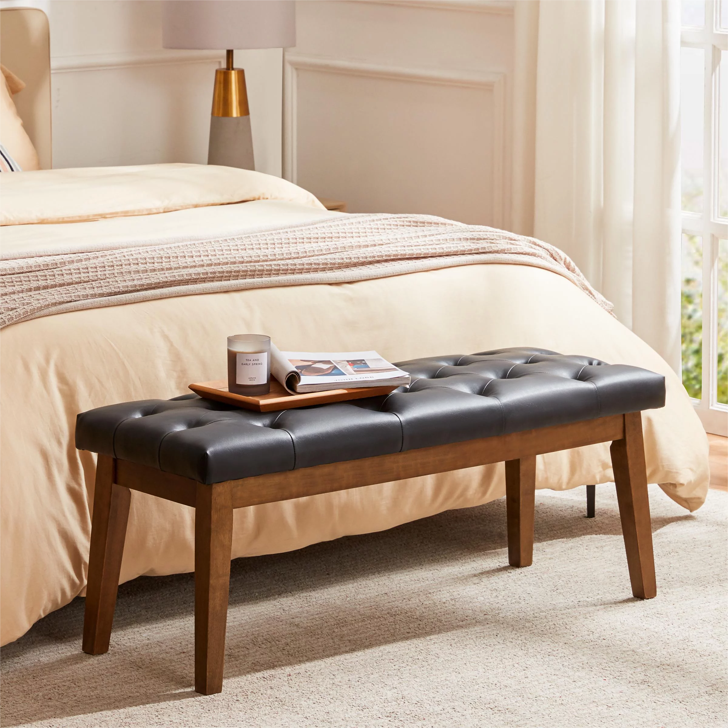 HUIMO Bedroom Bench End of Bed, Upholstered Dining Bench for Kitchen, Button-Tufted Entryway Bench, Fabric Ottoman Bench for Living Room, Black
