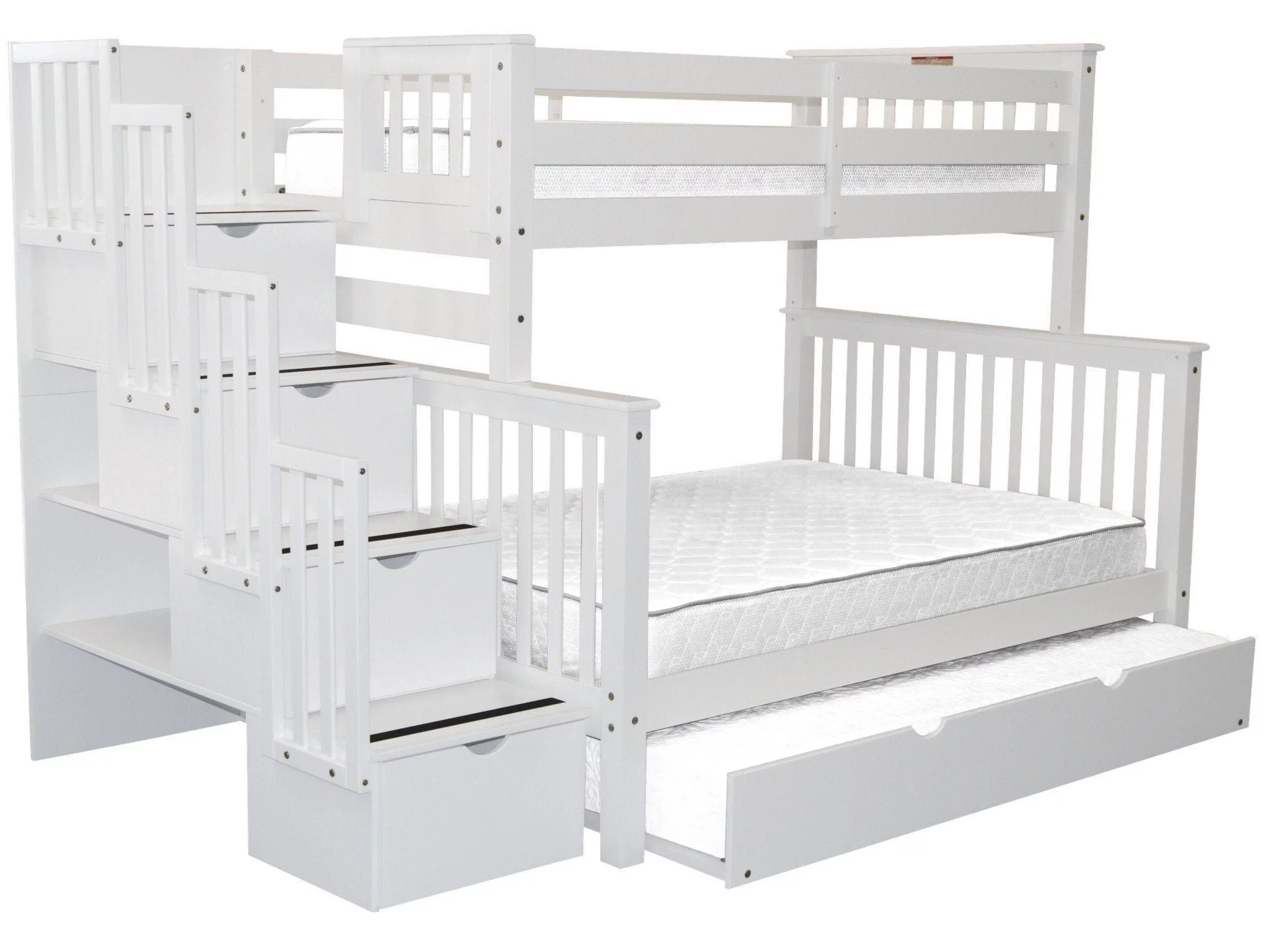Bedz King Stairway Bunk Beds Twin over Full with 4 Drawers in the Steps and a Twin Trundle, White