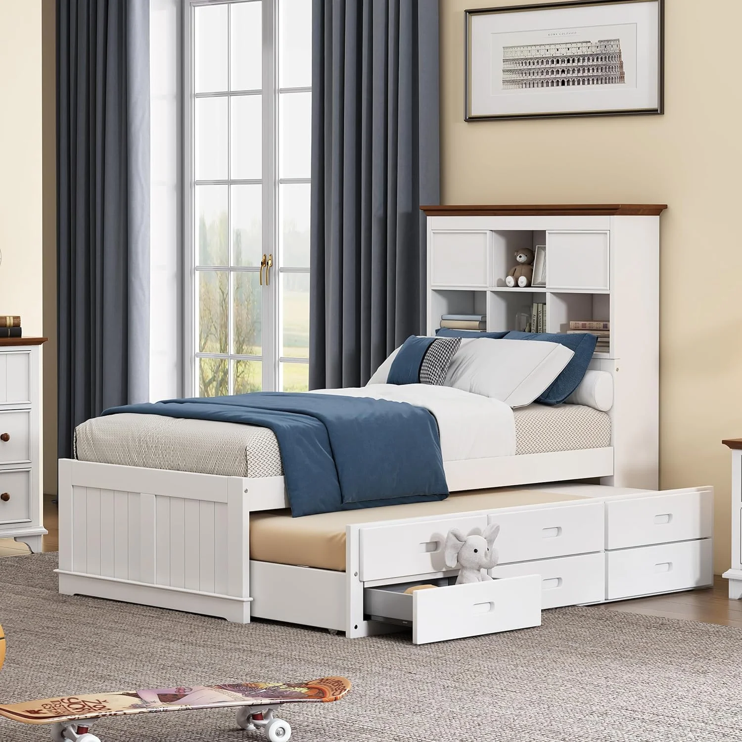 Platform Bed With Size Trudle Ad 3 Storage Drawers, Captai Bed With Bookcase Headboard, Storage Bed Frame For Livig Room Bedrooms, o Box Sprig eeded, White+Walut