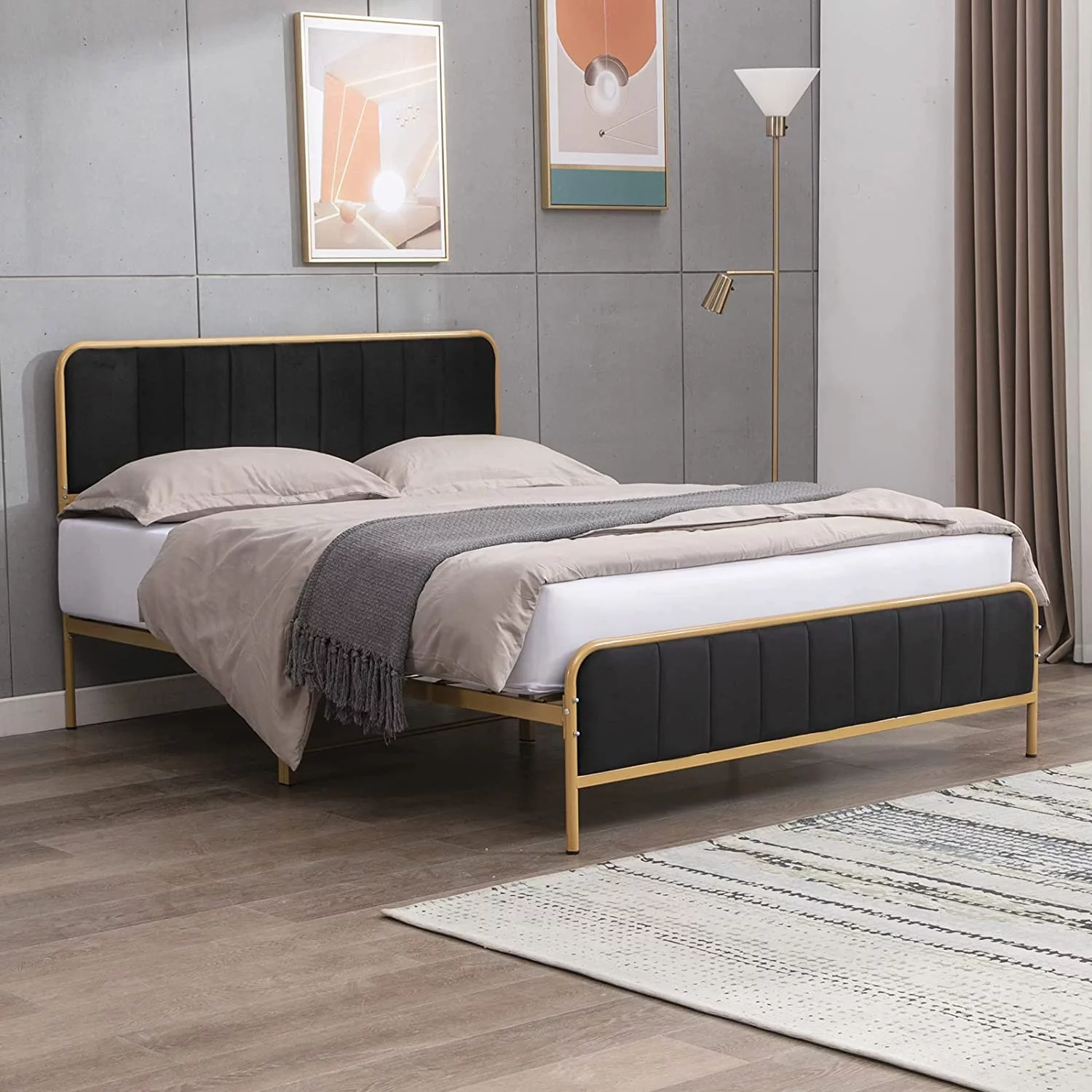 Mixoy California King Size Upholstered Platform Bed Frame with Velvet Headboard,Heavy Duty Metal Mattress Foundation,Strong Wood Slat Support,No Box Spring Needed,Easy Assembly(Golden/Black)