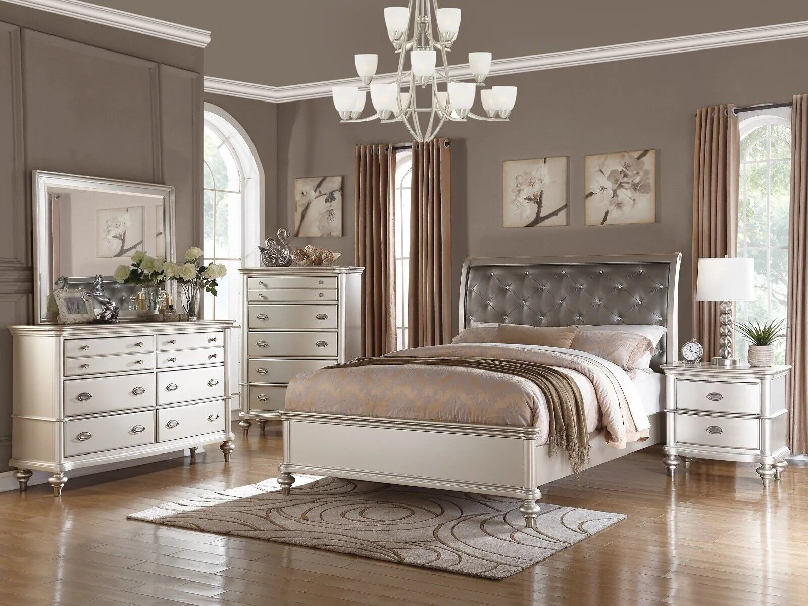 Traditional Look California King Size Bed 4pc Set Faux Leather Tufted Headboard Dresser Mirror Nightstand Silver Finish Bedroom Furniture