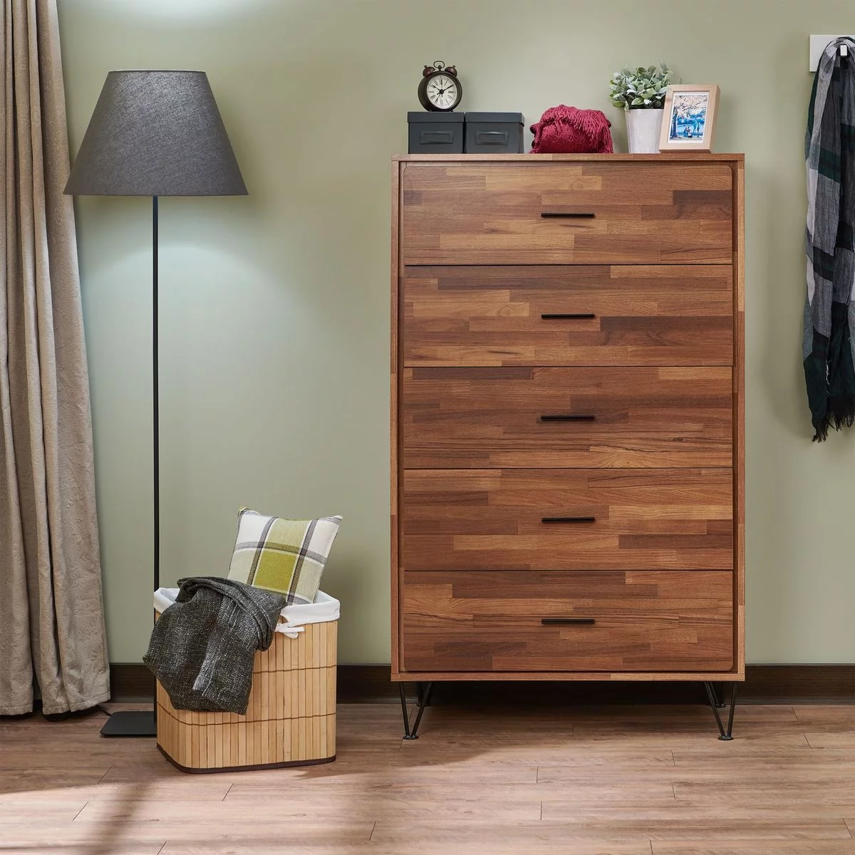 Contemporary Rustic Wooden Finish Chest Tower Unit with Metal Feet for Bedroom, Classic 5 Drawer Dresser for Ample Storage - Brown