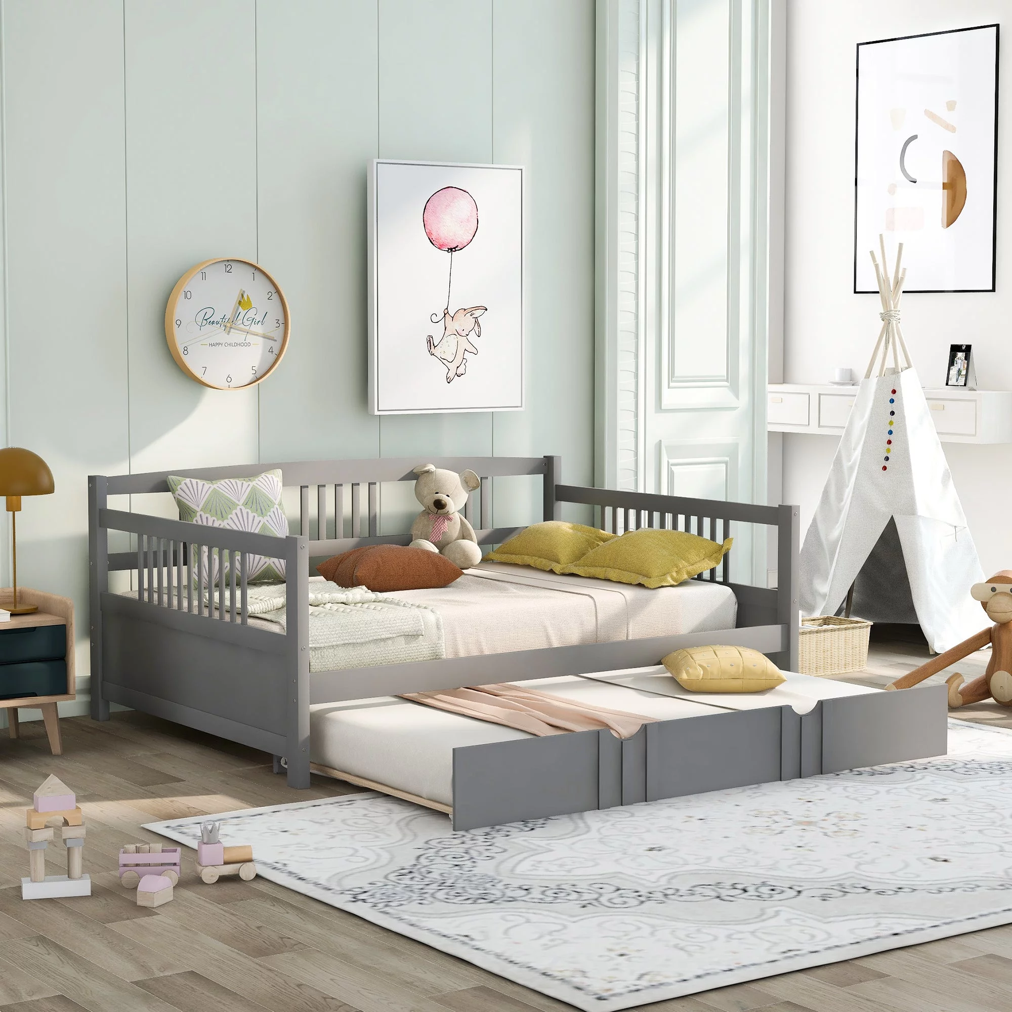 Lex Full Size Wooden Daybed with Twin Size Trundle - Gray