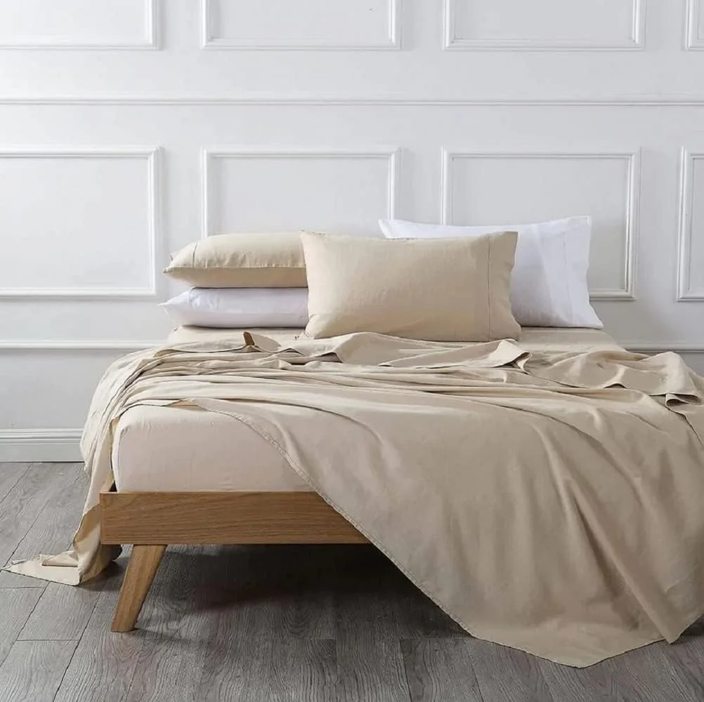 Sheetsnthings Belgian Flax Linen and Cotton Blend Bed Sheets, Pre-Washed Linen Cotton, Breathable Percale Weave 150 GSM, 4pc Sheet Set (California King, Linen)