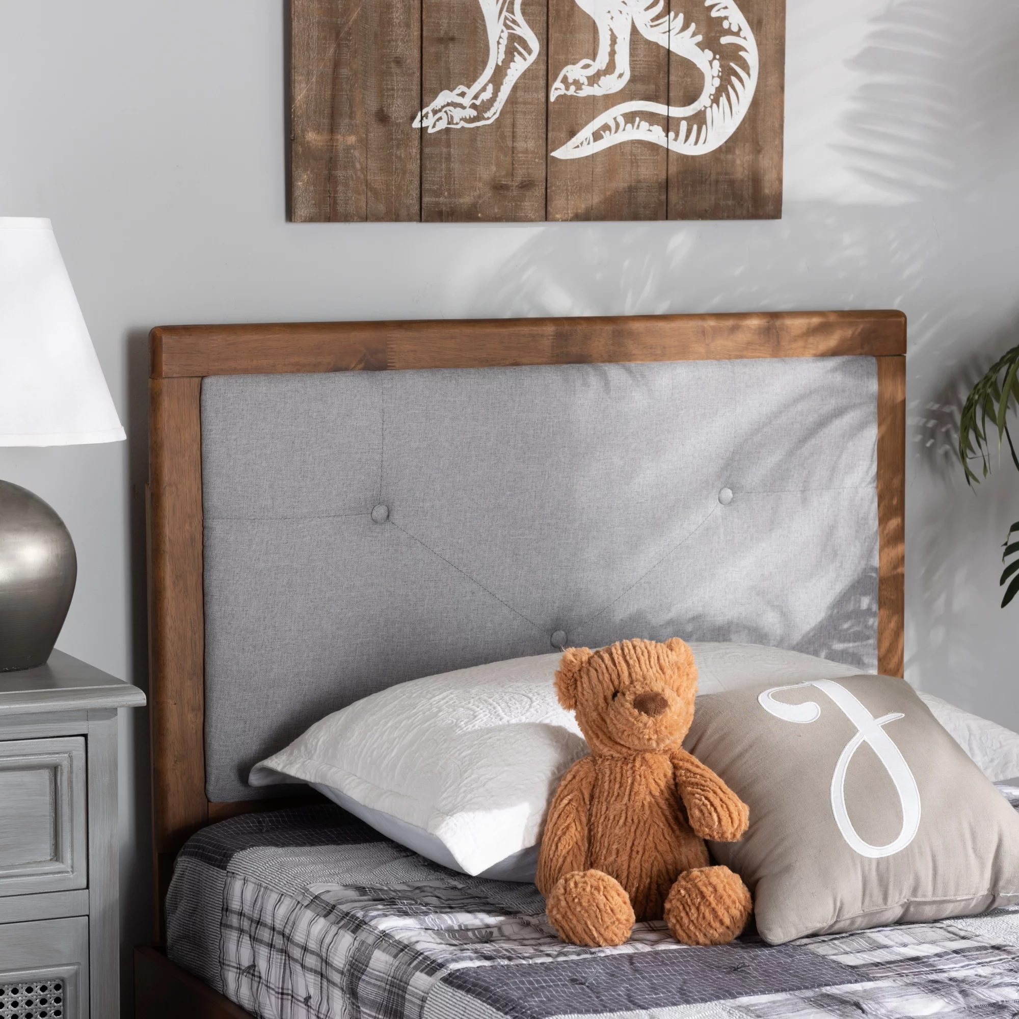 Baxton Studio Abner Modern and Contemporary Transitional Light Grey Fabric Upholstered and Walnut Brown Finished Wood Twin Size Headboard