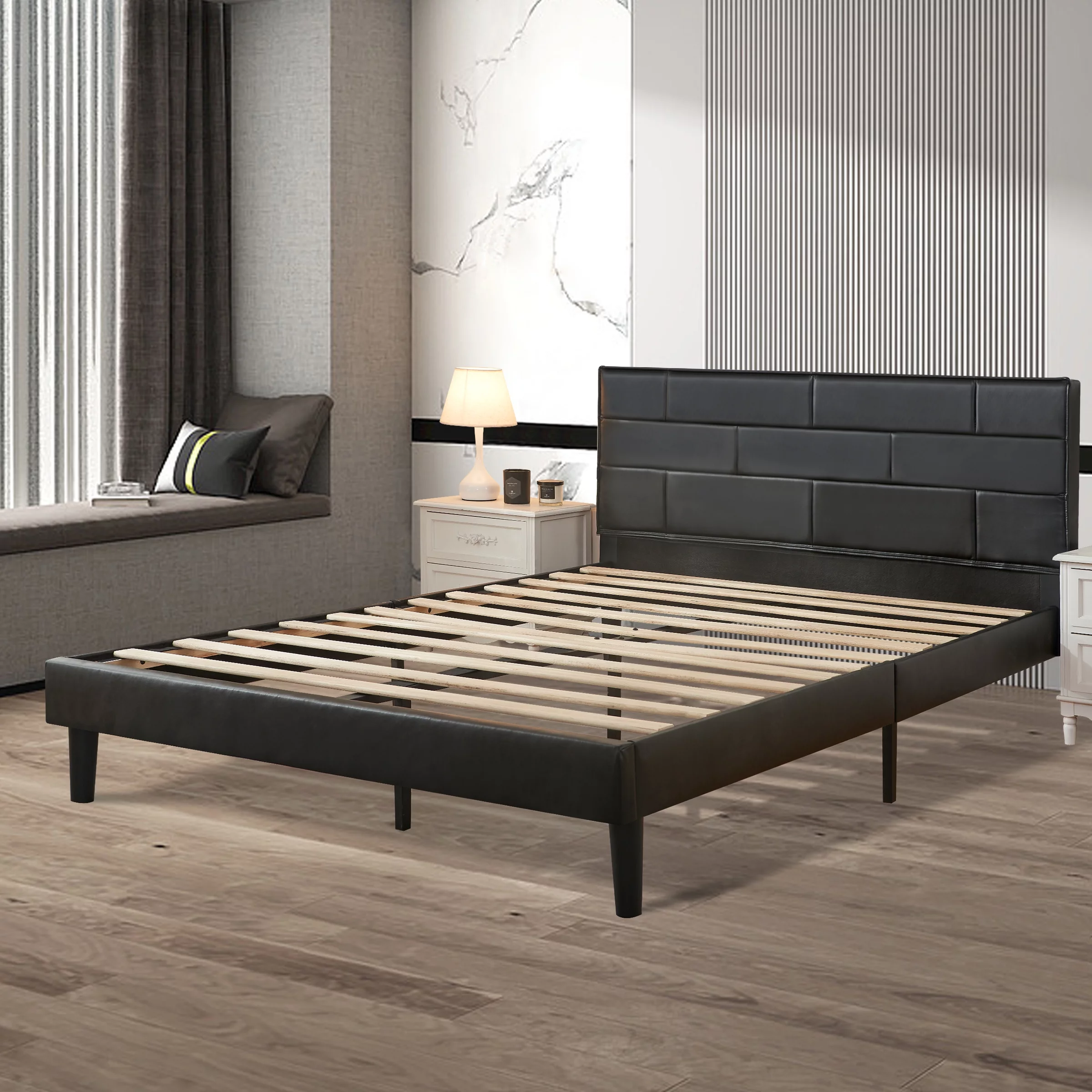 Subrtex King Platform Bed Frame with Removable PU Leather Upholstered Headboard, Heavy-Duty Wood Slats